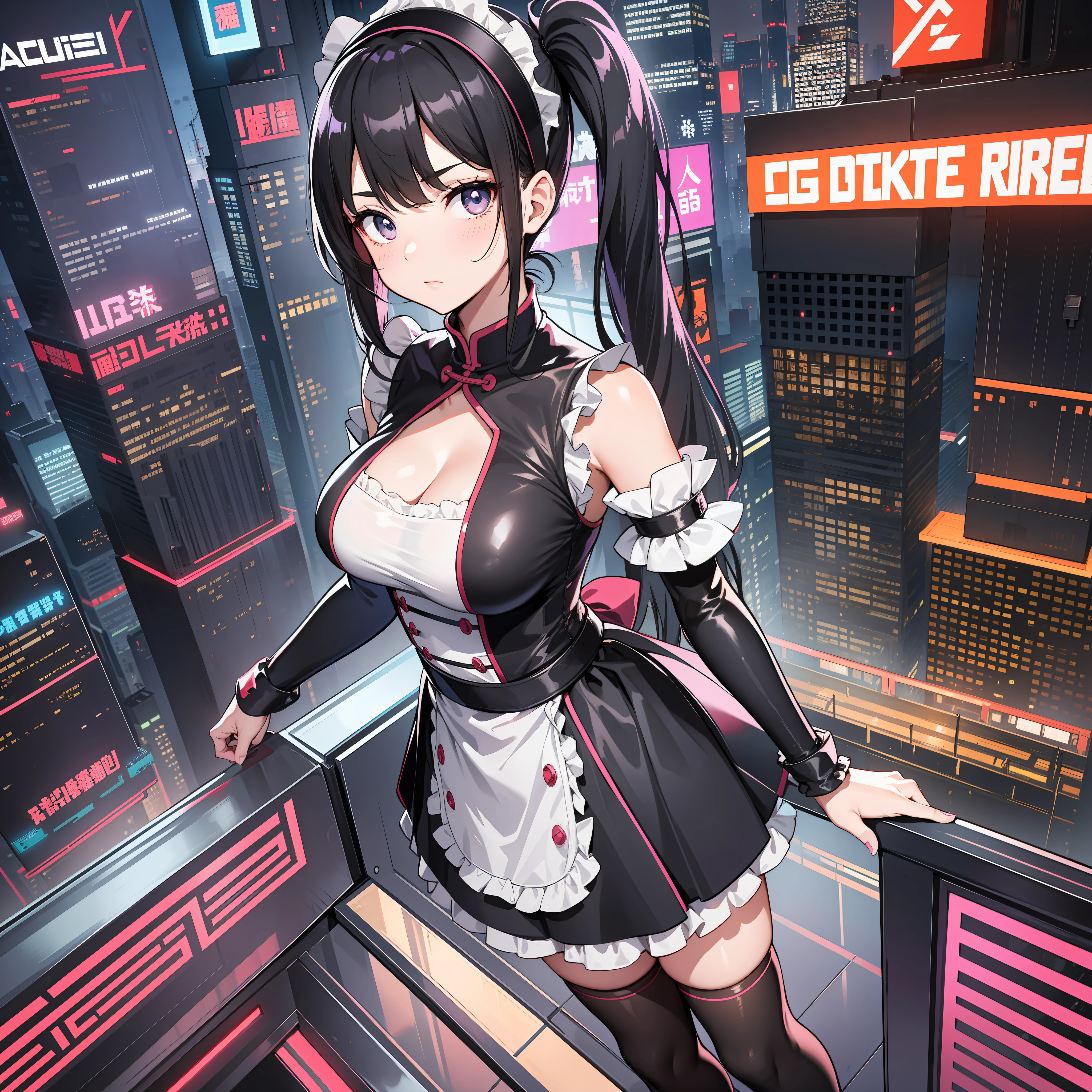 Adult female, wear maid dress, long socks, perfect face, beautiful eyes, black Hair in two pigtails, standing On top of the building, Night in cyberpunk city Chinese version with lights, Wearing a headband, black eyes, variation angle