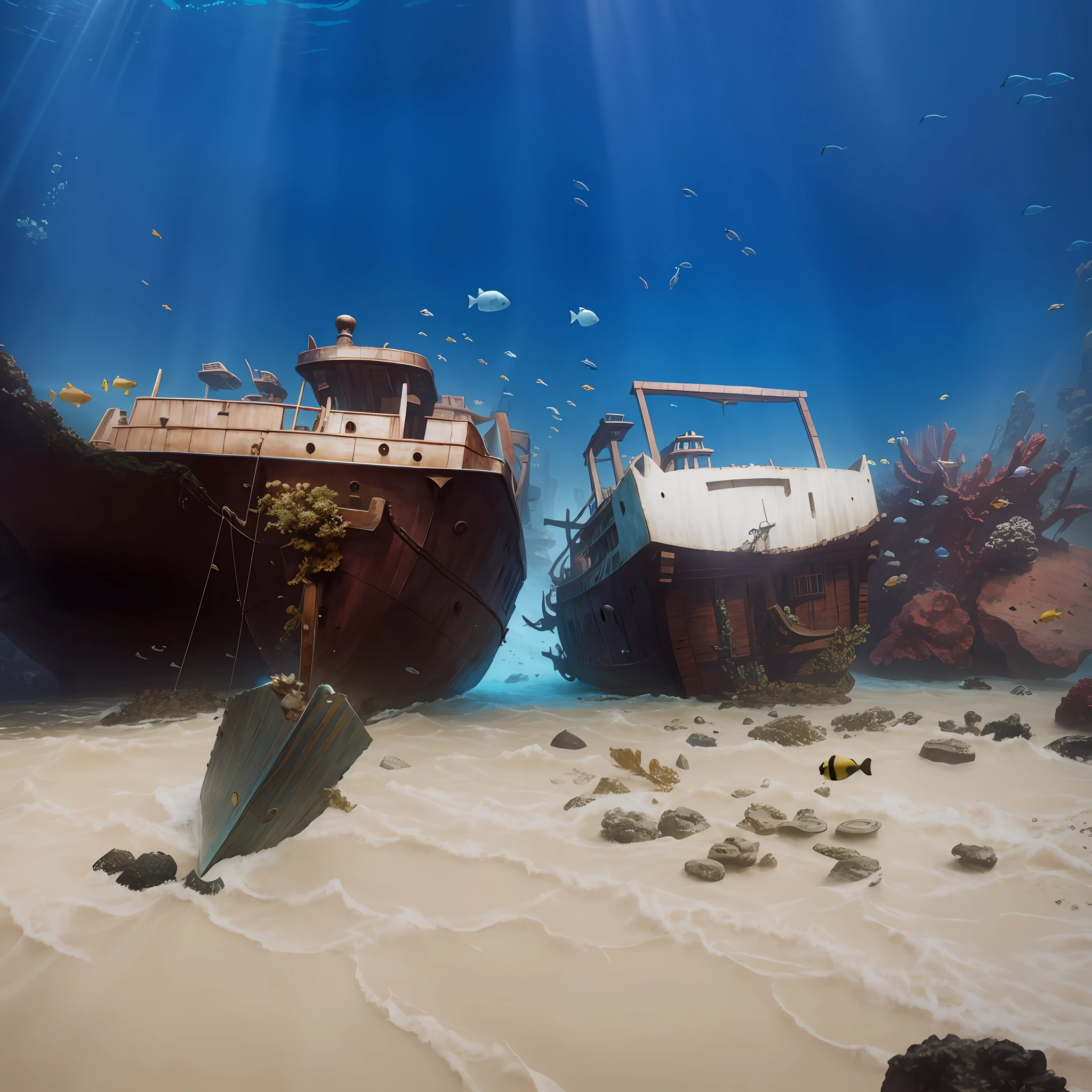 Dark environment, low light, sunbeams, Shipwreck hyper detailed fantasy world 8k, underwater, seabed, professional photography
