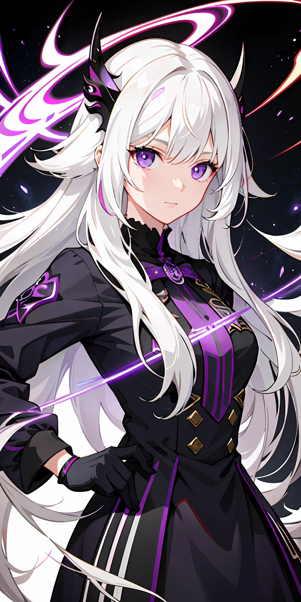 1girl, white hair, multicolored hair, purple eyes, mask on head, sidelighting, light particles, wallpaper,