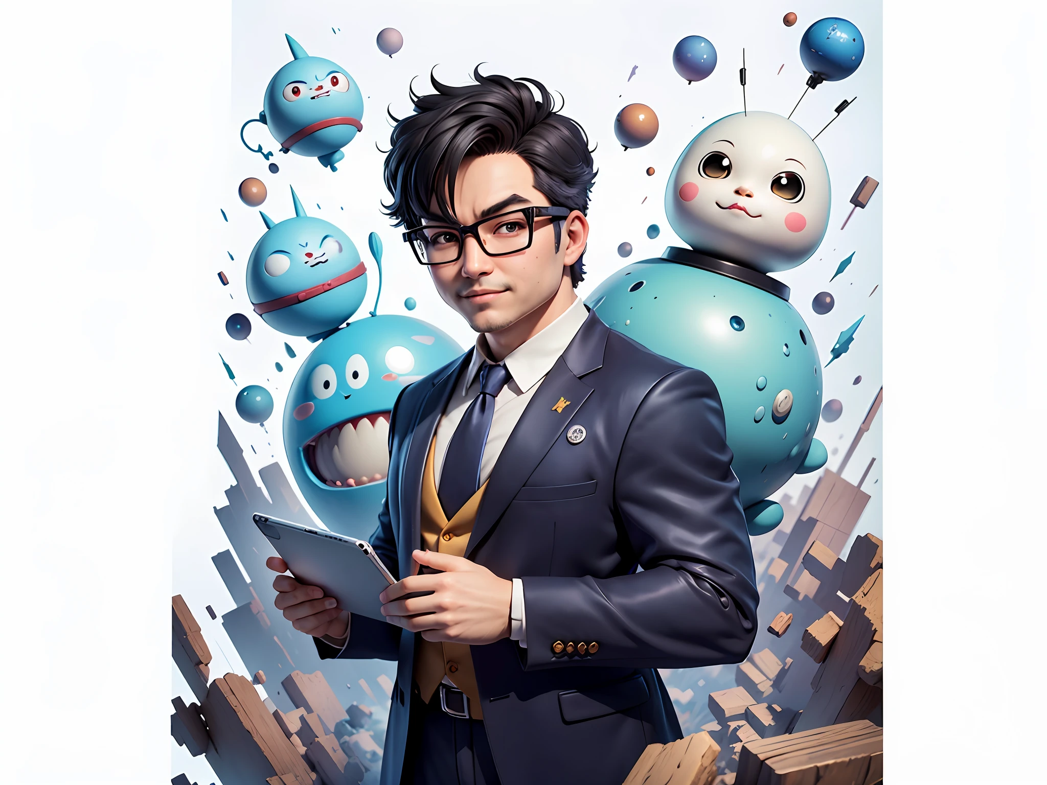 Masterpiece), (Excellent), (Super Meticulous), (Full Body: 1.2), Super Young Woman, Beautiful, Sexy, Bursting, Oriental Face, TV Anchor, Bust Portrait Illustration, Alone, Black Suit, Blue Tie, Silver Glasses, Slightly Chubby Face, Very Clean Face, No Beard, Black Super Short Hair, Black Eyes, Confident Smile, 3c Computer Sub-Products, iPad, iPhone, Digital Painting, 3D Character Design by Akira Toriyama with Mark Claireden and Pixar and Hayao Miyazaki, The illustration is a high-definition illustration in 4K resolution with very detailed facial features and cartoon-style visuals.
