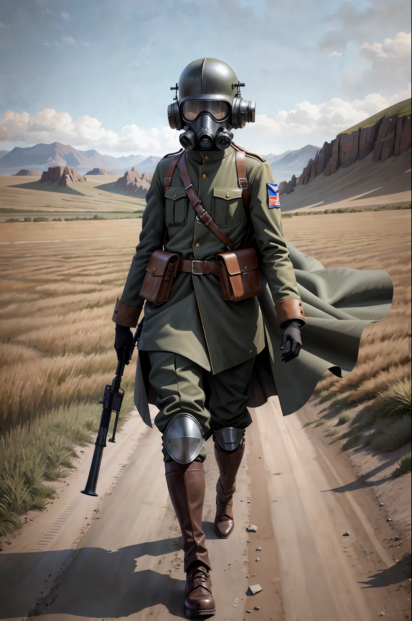 (4k,ultra detailed:1.2),(anime:1),illustration,(photorealistic:1), (solo:1.2),(standing),(full_body:1.2), (single background,:1.4), (outdoors, landscape, battlefield, open field, daylight: 1.2), mushroom cloud, trench, (gas mask, holster, worn overcoat, cargo pants: 1.2), (supermodel: 1.4), (wide hips: 1), (black hair), ww1ger,