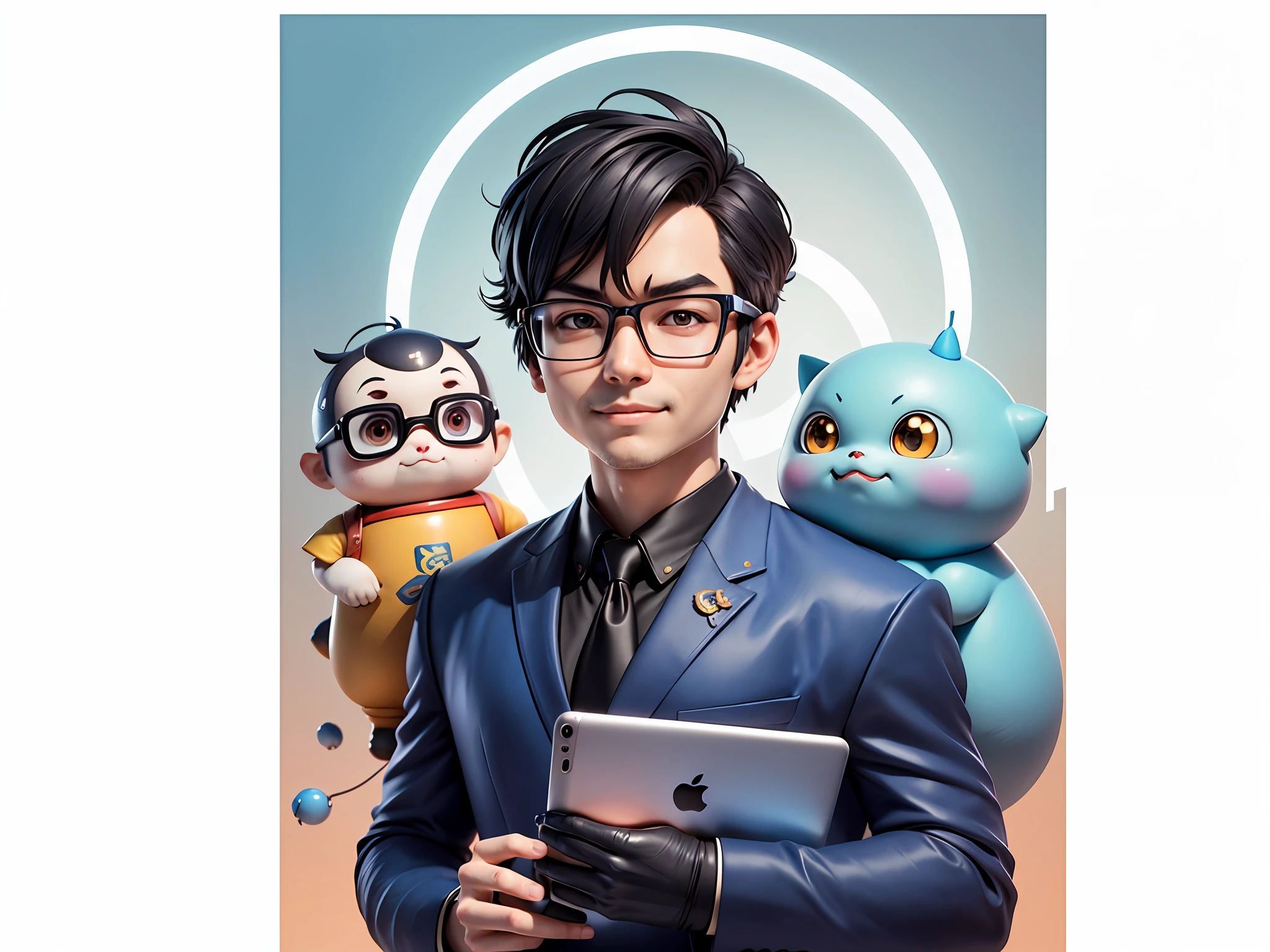 Masterpiece), (Excellent), (Super Meticulous), (Full Body: 1.2), Super Young Woman, Beautiful, Sexy, Bursting, Oriental Face, TV Anchor, Bust Portrait Illustration, Alone, Black Suit, Blue Tie, Silver Glasses, Slightly Chubby Face, Very Clean Face, No Beard, Black Super Short Hair, Black Eyes, Confident Smile, 3c Computer Sub-Products, iPad, iPhone, Digital Painting, 3D Character Design by Akira Toriyama with Mark Claireden and Pixar and Hayao Miyazaki, The illustration is a high-definition illustration in 4K resolution with very detailed facial features and cartoon-style visuals.