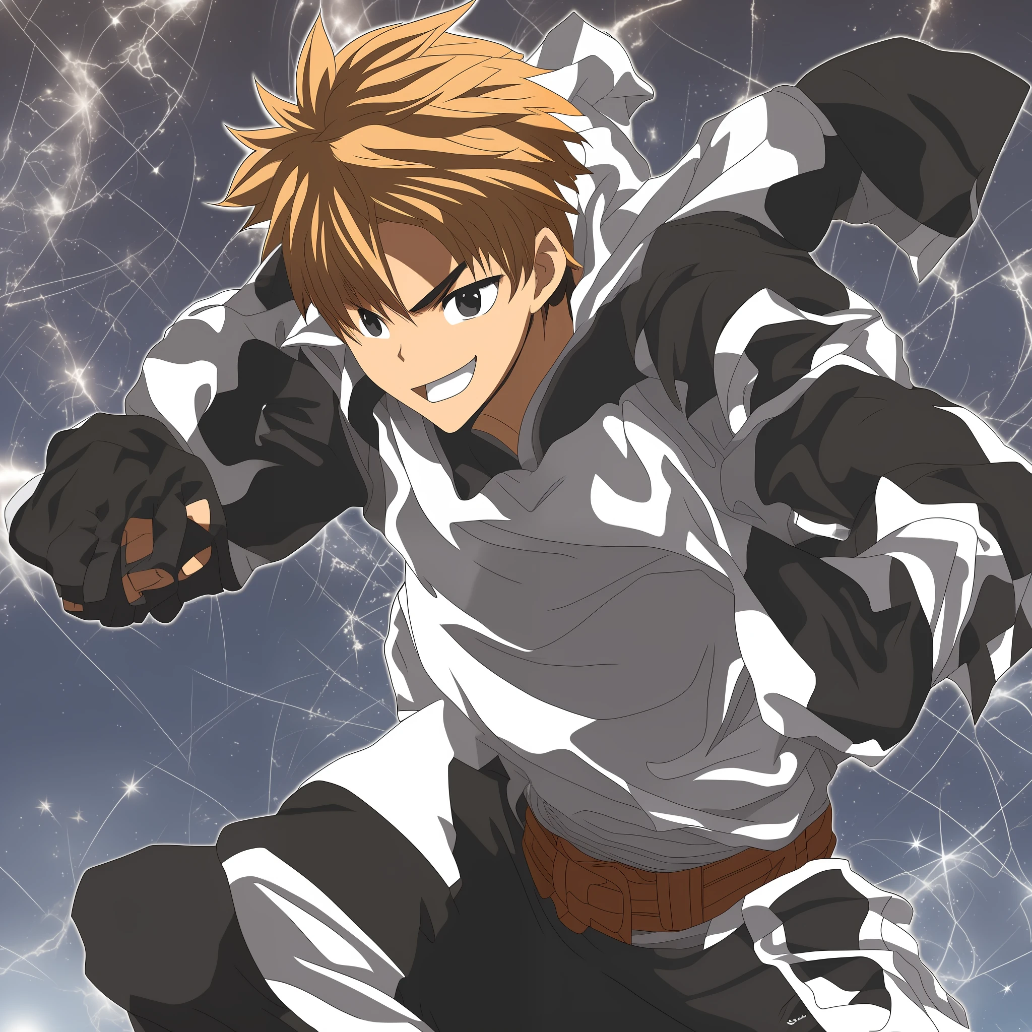 Manga,anime,Japanese,black and white.is an athletic young man with spiky brown hair and eyes full of life. His smile is warm and inviting, reflecting his friendly personality. He dresses casually and sportily, with practical clothes that match his active lifestyle.is an optimistic and energetic person. He is brave, fearless and always ready to help others. Kai is known for his loyalty and compassion, always willing to protect and support his friends. He is a born leader, inspiring others with his determination and team spirit. Kai's goal is to become a hero and defend the weak. He seeks to hone his combat skills by diligently training to become a formidable warrior. Kai wants to use his skills to face challenges, fight for justice, and protect those who need help. He is 15 years old --auto --s2