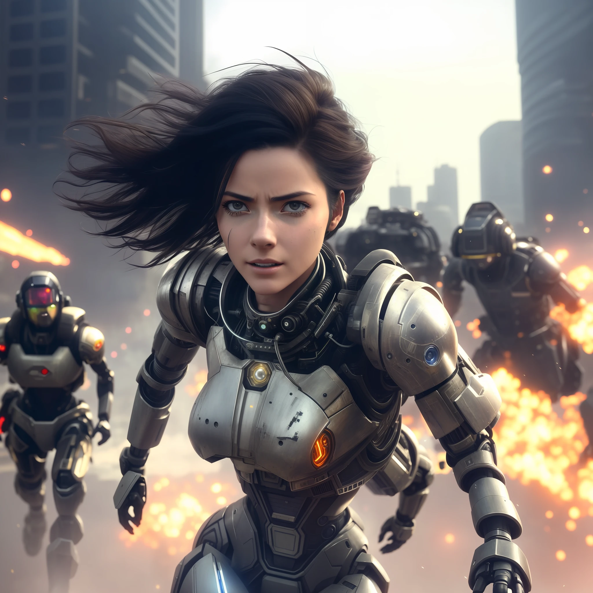 arafed woman in a futuristic suit running in front of a group of robots, alita battle angel, wojtek fus, still from alita, battle angel, girl in mecha cyber armor, portrait armored astronaut girl, alita, in a scifi movie, movie still of a cool cyborg, sci-fi female, scifi woman, beutiful white girl cyborg
