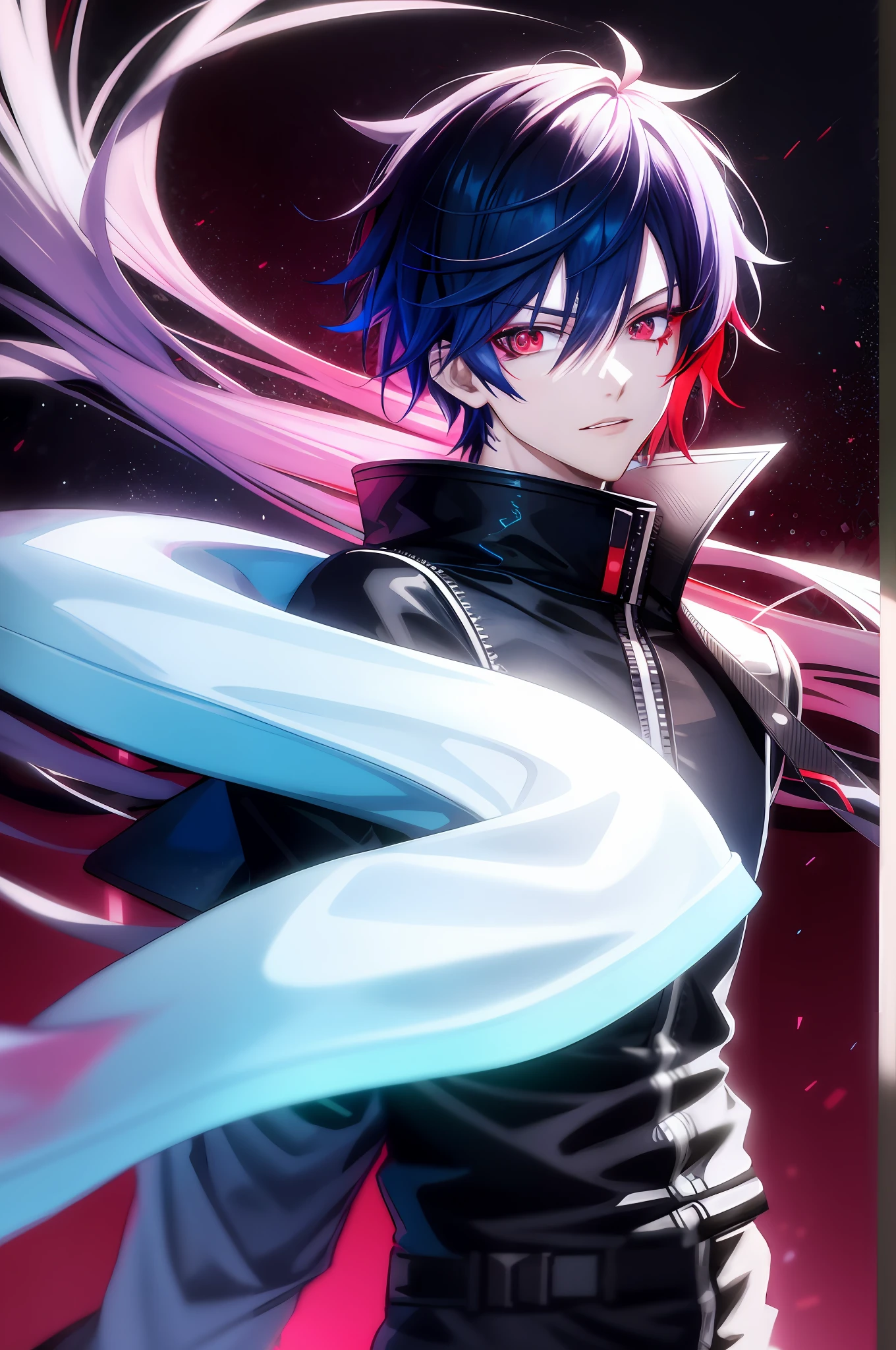 Anime style cyberpunk male design with red eyes blue hair with red tips techware outfit with special effects