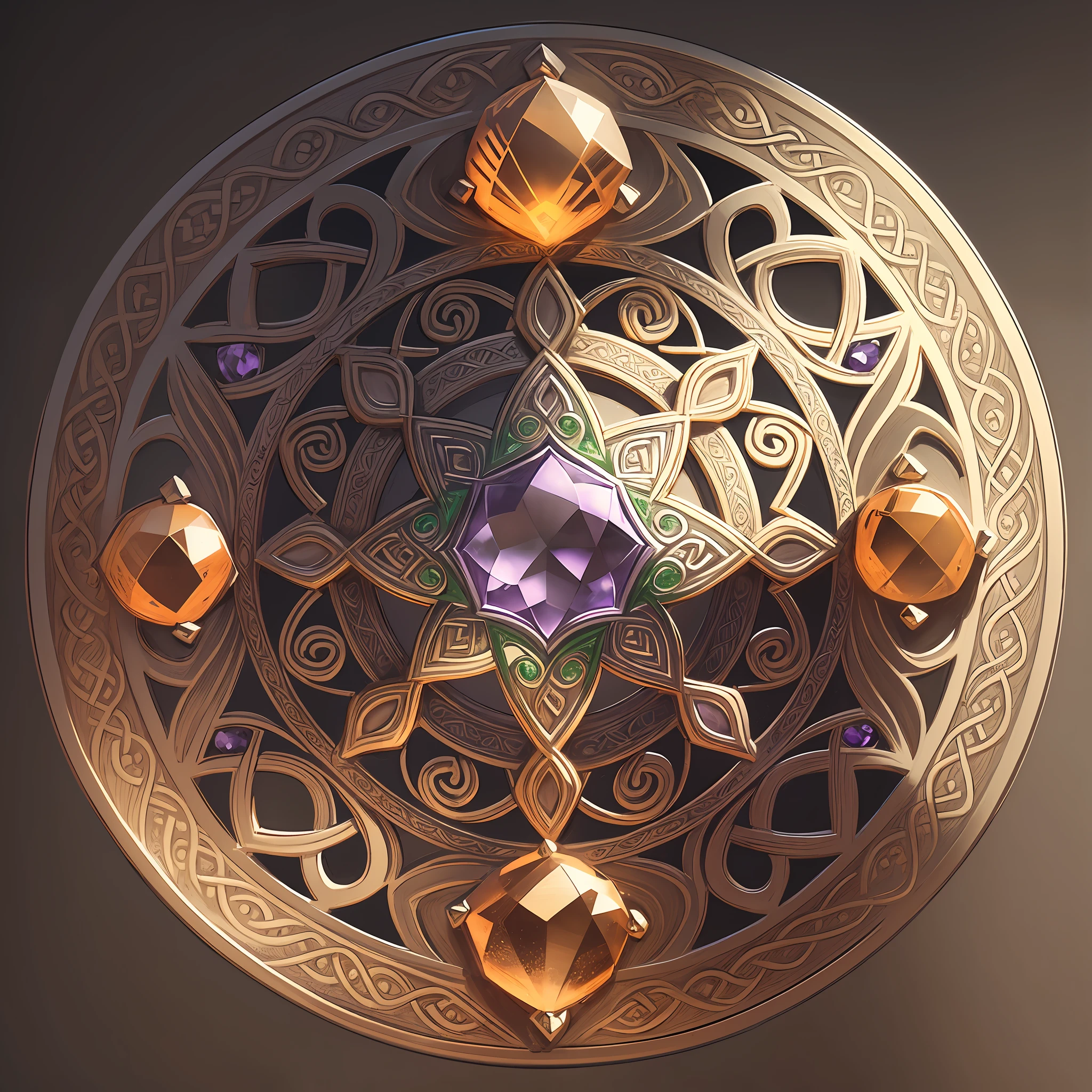 Drawing of Celtic knot jewelry, without any human figures, orange gemstones, silver and amethyst in the middle, jewelry design, detailed sketches, amethyst stained glass, complex designs, detailed pencils, highly detailed sketches, color sketches, intricate details illustrations, Celtic knots, complex designs, detailed filigree, Celtic art style --auto --s2