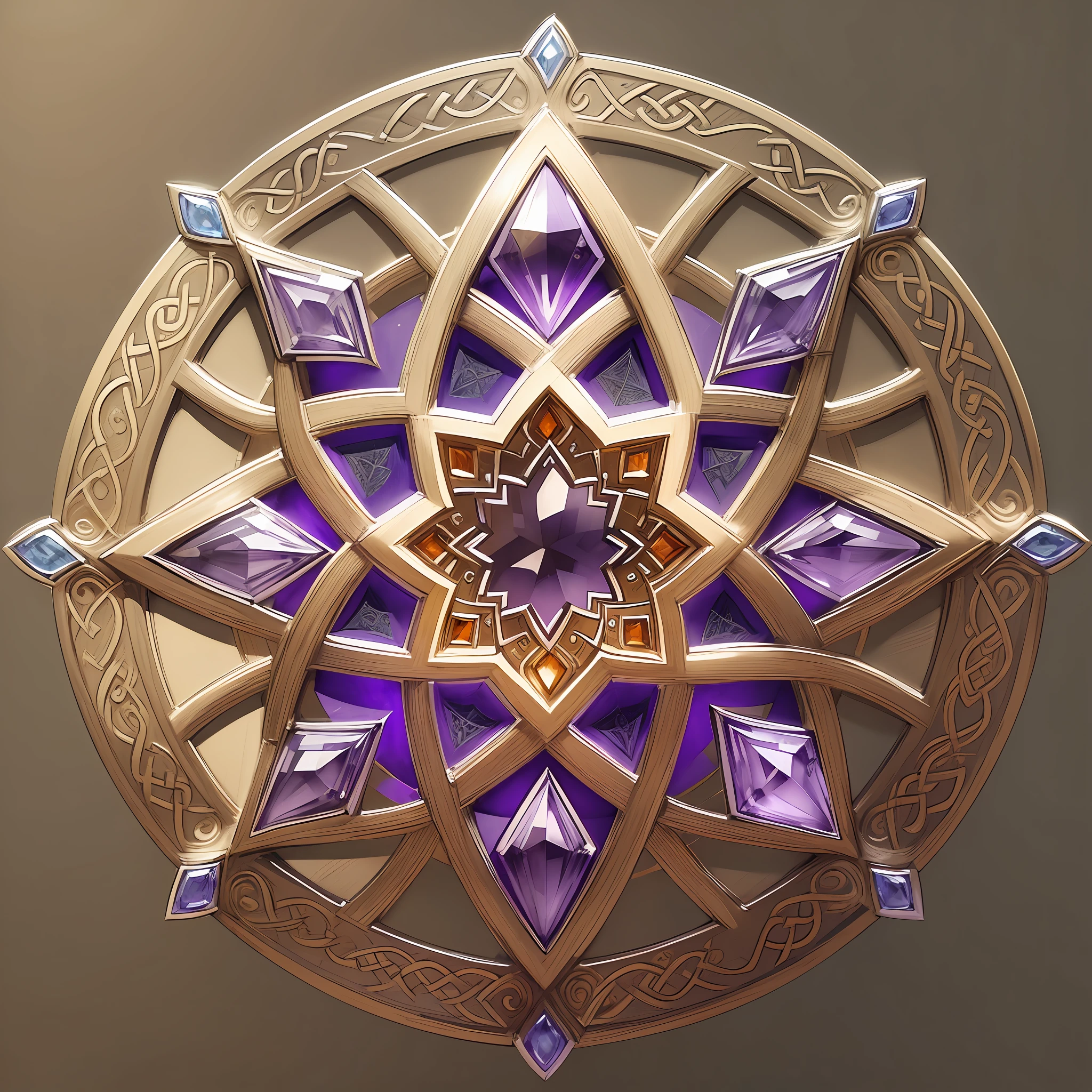 Drawing of Celtic knot jewelry, without any human figures, orange gemstones, silver and amethyst in the middle, jewelry design, detailed sketches, amethyst stained glass, complex designs, detailed pencils, highly detailed sketches, color sketches, intricate details illustrations, Celtic knots, complex designs, detailed filigree, Celtic art style --auto --s2