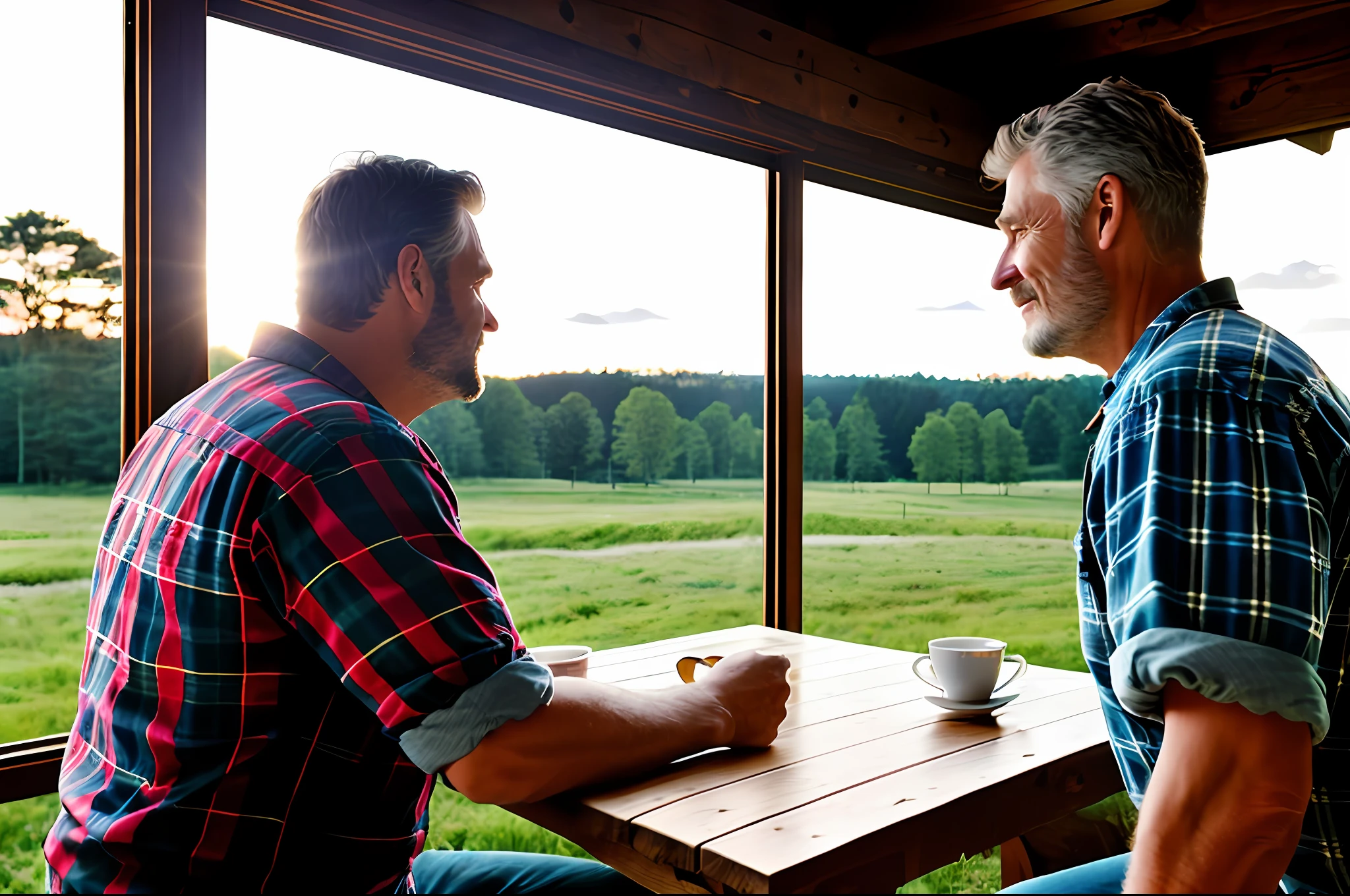 Two lumberjack-style men, mature, about 50 years old, burly, with plaid shirt and jeans with lumberjack boots. Romantic dinner in a rustic farm setting. Whole body. The men are looking at each other passionately. Romantic scene on a farm at sunset. The sky is yellowish, reddish and orange. Photorealistic scene, super detailed and realistic. Natural ambient lighting entering light through the window. Depth of field of the lens. 8k