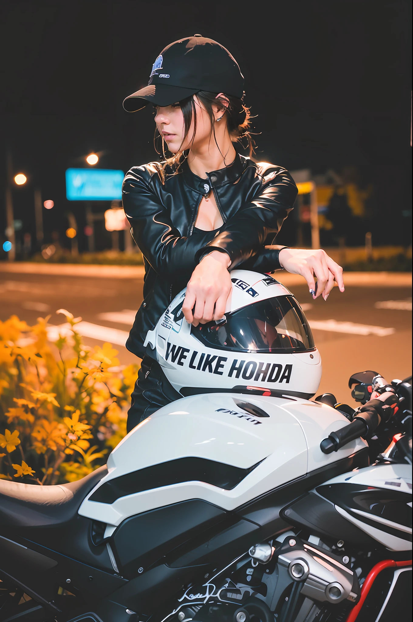 there is a woman standing next to a motorcycle on the street, picture of a female biker, by Emma Andijewska, riding a motorcycle, inspired by Hiroshi Honda, holding helmet, sitting on a motorcycle, taken with canon eos 5 d mark iv, 🚿🗝📝, taken with sony alpha 9, 🤬 🤮 💕 🎀