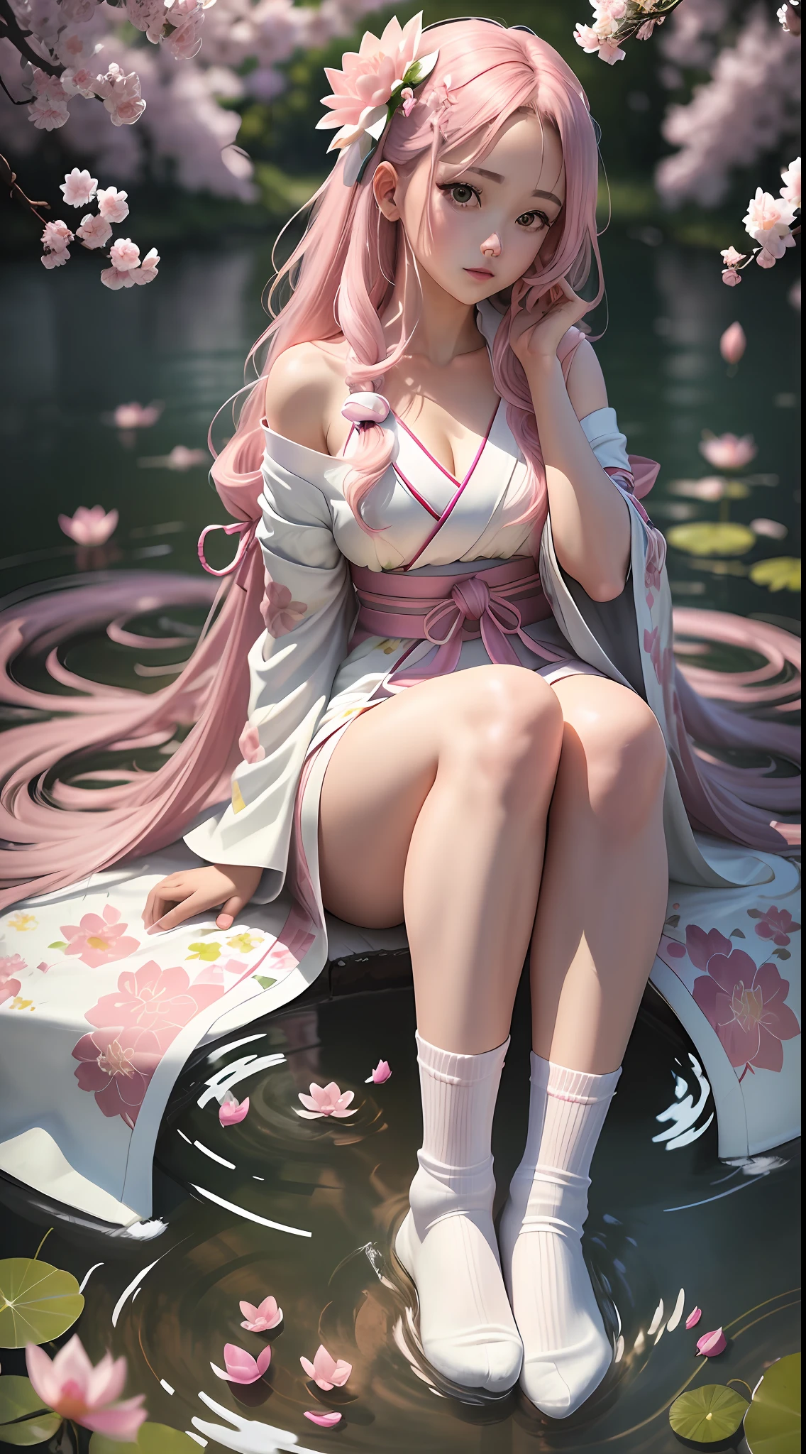 (Anime girl with long hair Pink and stuck) , wearing a (Wearing a white kimono with light lilaz and pink open on the bust, with long sleeve open on the shoulder and with sakura teats), cherry trees, (A pink pink feel, with a lotus flower as decoration), (Sakura flowers in the hair) 👀female, (sitting in a lake), full body commission for anime, hyper realistic texture, photorealistic photo, ultra detailed, no drawing edges, dark room, would be feature, (Long and transparent white socks up to the thigh), dark scenery, in a dark place, Fire around the Girl texture of ultra realistic clothes, Natural lighting, realistic lighting, no dark edges, detailed shadows, ultra realistic photo, absurd realistic, realism, no drawing edges, ultra absurd photorealistic, mega realistic hair, mega realistic clothes, absurdly realistic details, no deformities, no drawing edges, no drawing lines, 8K, 4K