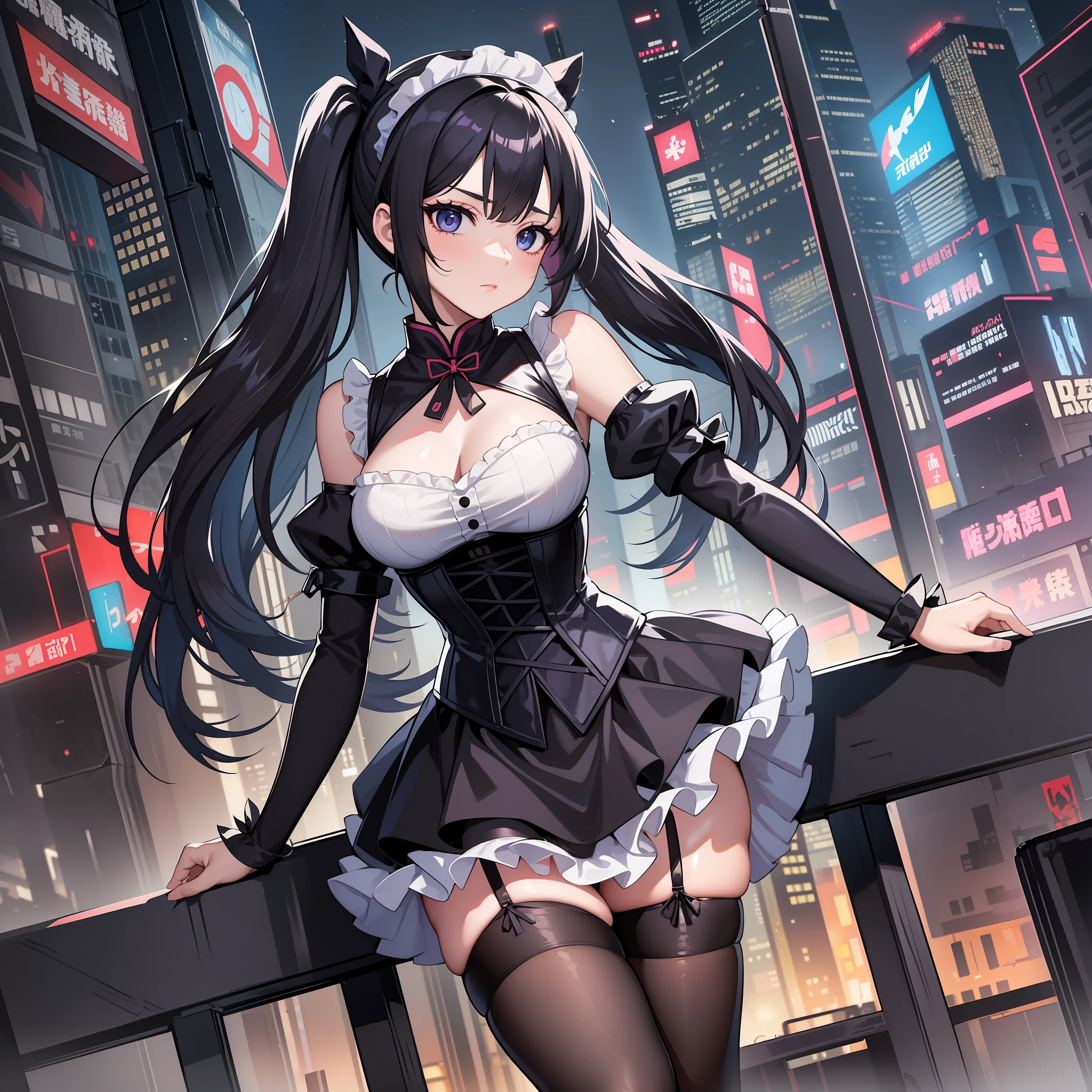 Adult female, wear corset maid dress, stocking, perfect face, beautiful eyes, black long Hair in two pigtails, standing On top of the building, Night in cyberpunk city Chinese version with lights, Wearing a headband, black eyes, variation angle