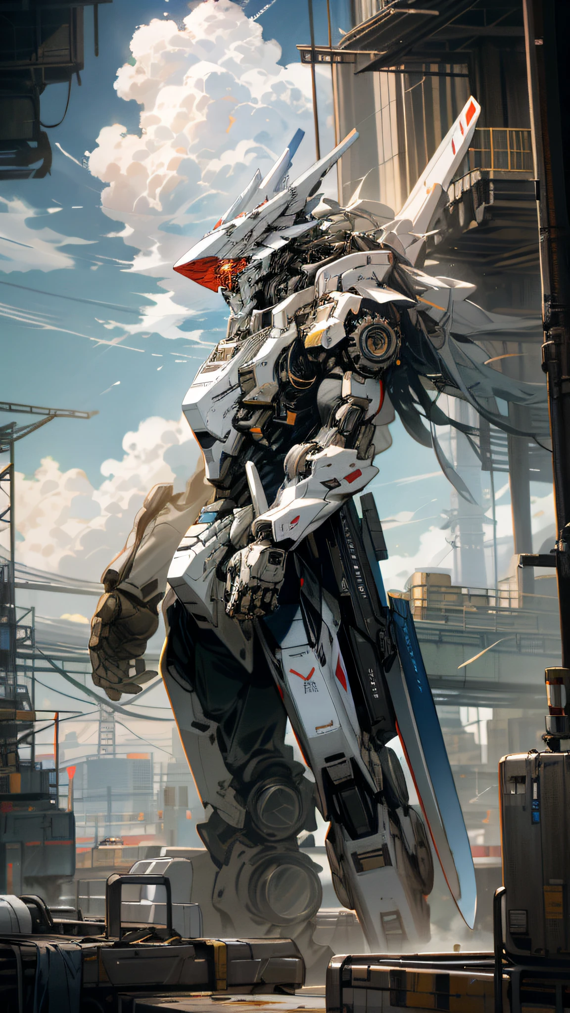 Sky, Clouds, holding_weapon, no_humans, Brightness, Mecha with Johnny Depp's face, Architecture, Science Fiction, City, Reality
