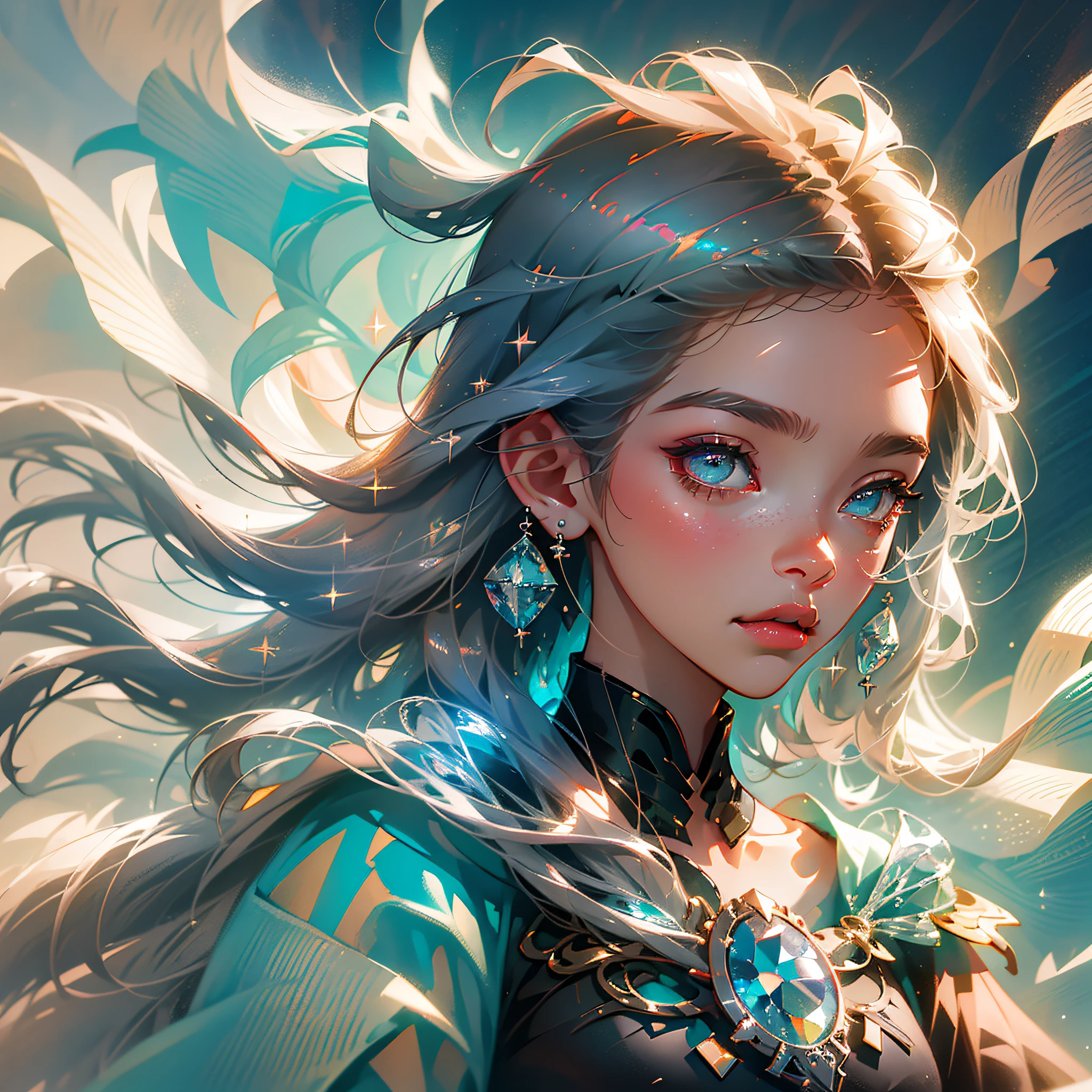 A young girl with deep ocen eyes, digital illustration, background is ocean with a little ship and bird flying in the sky, grey hair, crystal earrings, light smile, Fujicolor, masterpiece, super detail, high details, UHD, masterpiece, best quality, highres, 4K --auto --s2