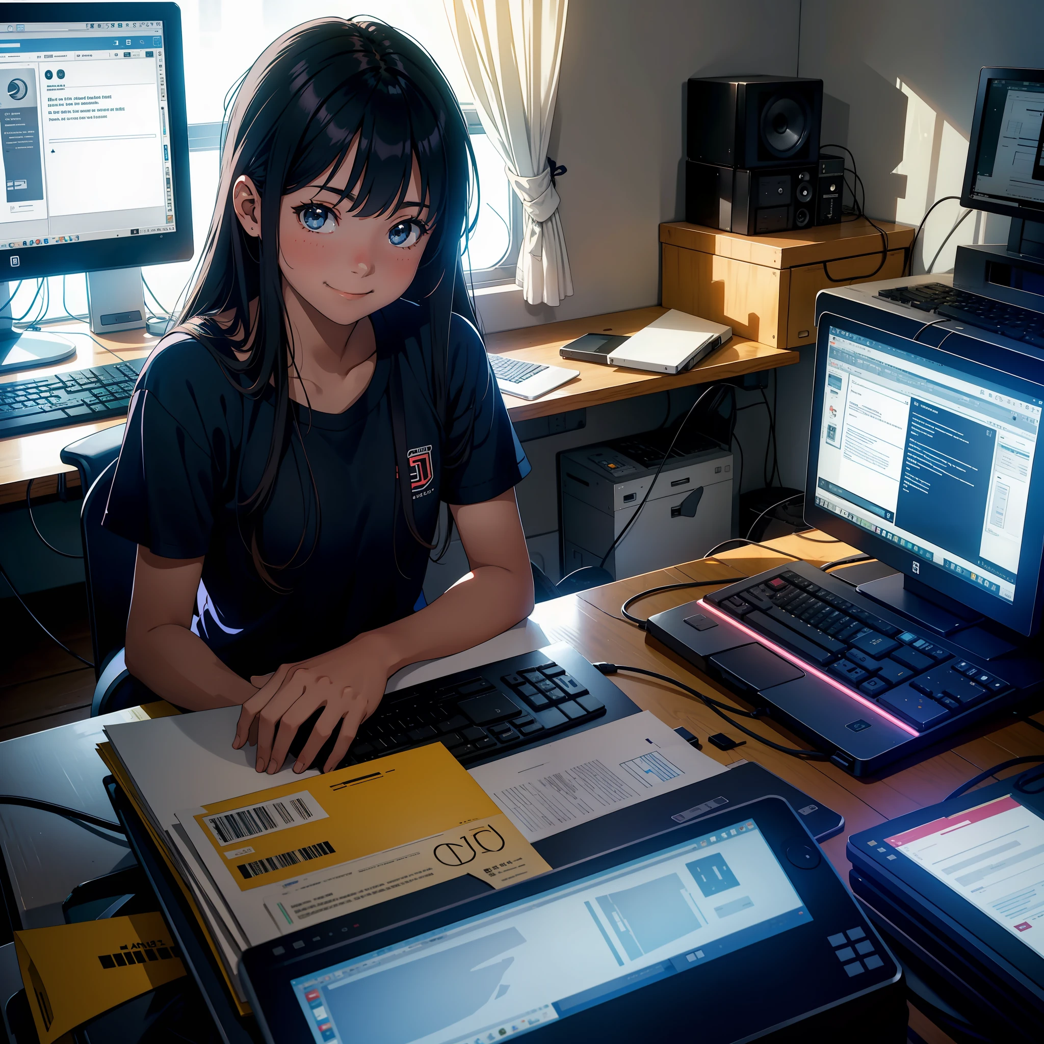 An 18-year-old girl sits in front of the computer, smiling, in the room