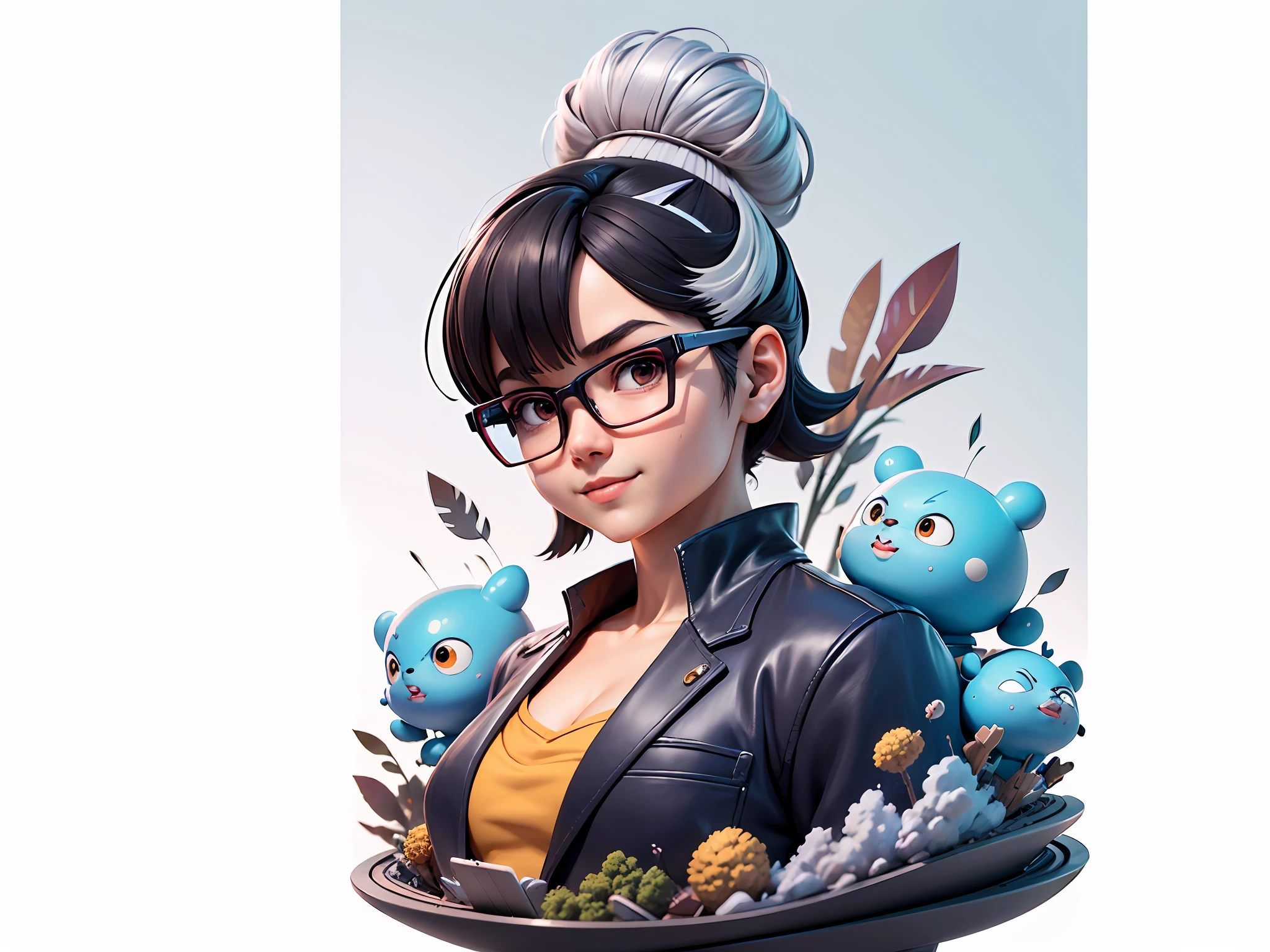 Masterpiece), (Excellent), (Super Meticulous), (Full Body: 1.2), Super Young Woman, Beautiful, Sexy, Bursting, Oriental Face, TV Anchor, Bust Portrait Illustration, Alone, Black Suit, Blue Tie, Silver Glasses, Slightly Chubby Face, Very Clean Face, No Beard, Black Super Short Hair, Black Eyes, Confident Smile, 3c Computer Sub-Products, iPad, iPhone, Digital Painting, 3D Character Design by Akira Toriyama with Mark Claireden and Pixar and Hayao Miyazaki, The illustration is a high-definition illustration in 4K resolution with very detailed facial features and cartoon-style visuals.