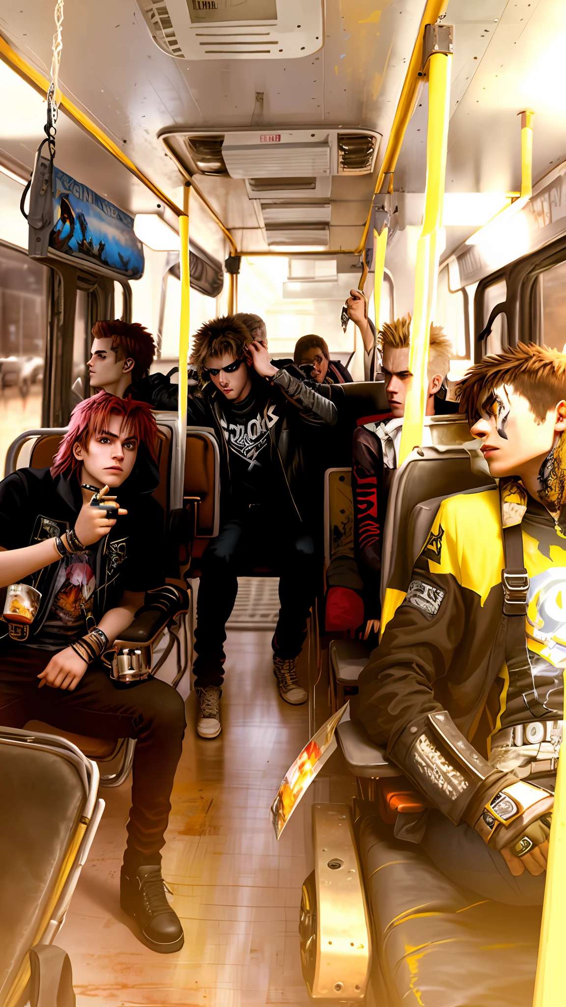 Teenage male rock band, 19 years old, 20 years old, movie poster, mad max, residend evil, high quality, painting, futurism, post apocalyptic, rock band on a bus, sunset, mad max, punk, movie poster, realistic painting art.