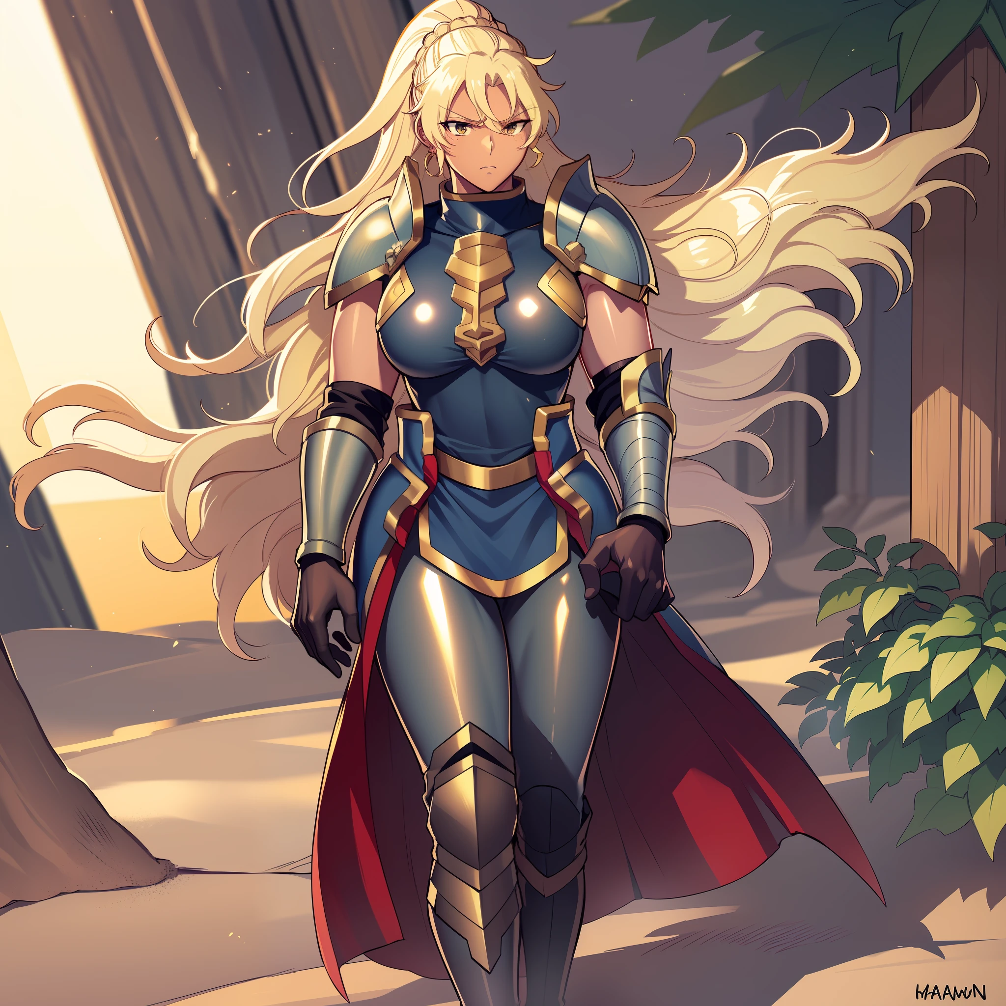 Muscle girl, dark-skinned woman, big chest, wings, happy,, coat jacket, pants, portrait, 1character, full body, walking, long dress, medieval, village, farm, angel halo, forest,flipflops,blond hair,, leopard cloths, coat, buttler, victorian cloths,lance holding, warrior