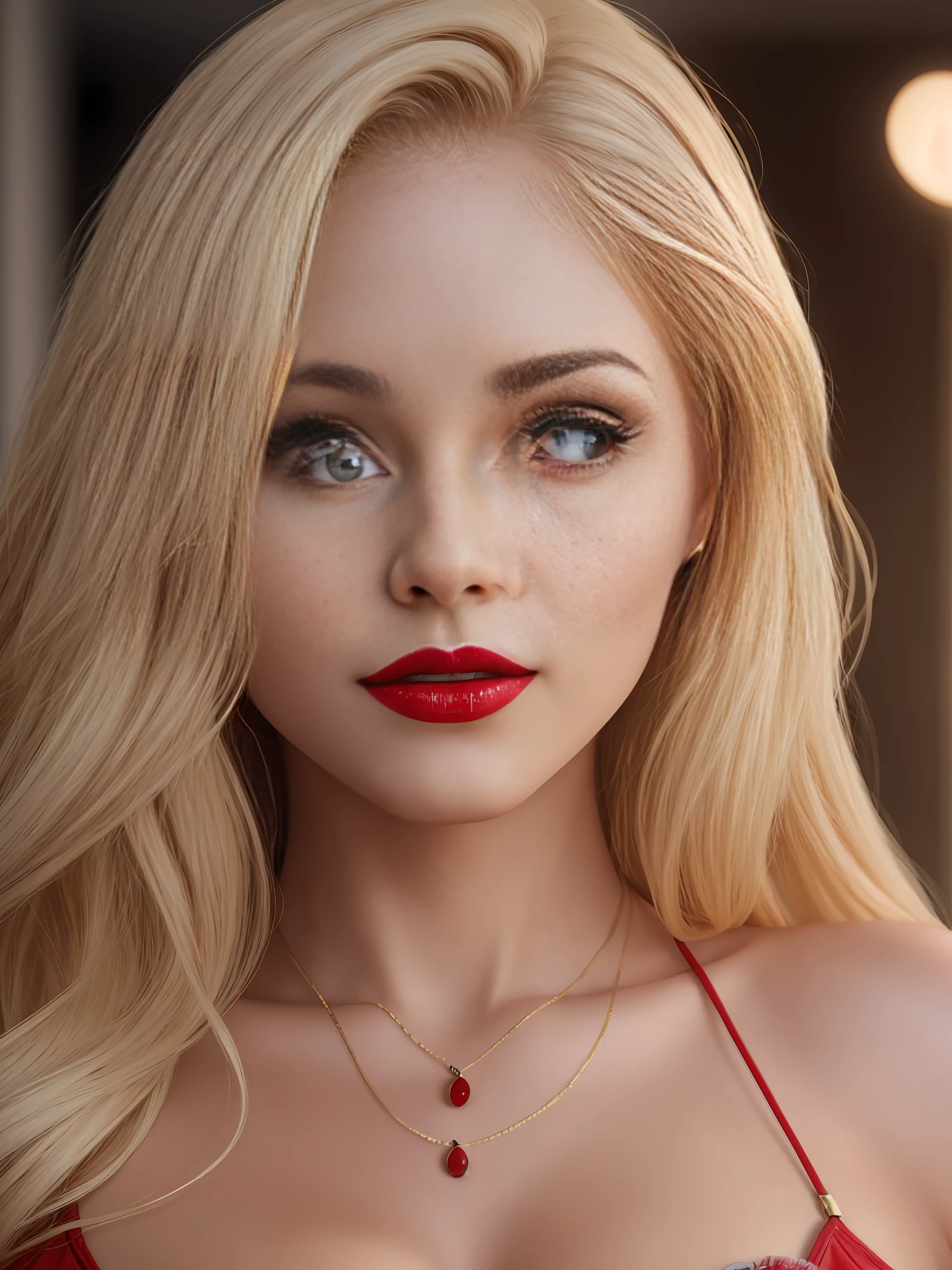 A perfect super realistic face with beautiful eyes and lips with attractive red lipstick, blonde hair smooth and light skin, taken from a professional camera in 8K --auto --s2