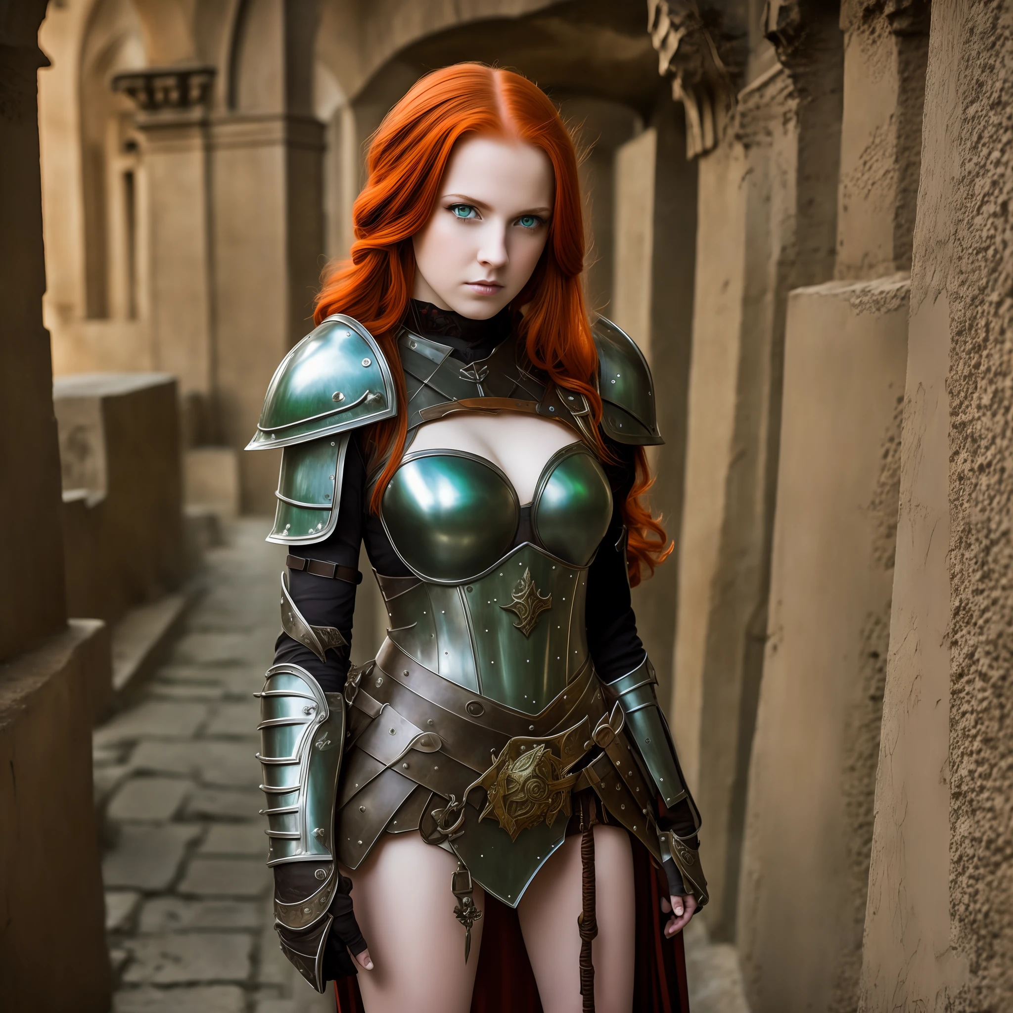 Photo raw, university, masterpiece, high resolution, extreme, redhead, young, medieval armor, camel paw, sexy, green eyes, gothic background, bloody, battle --auto --s2