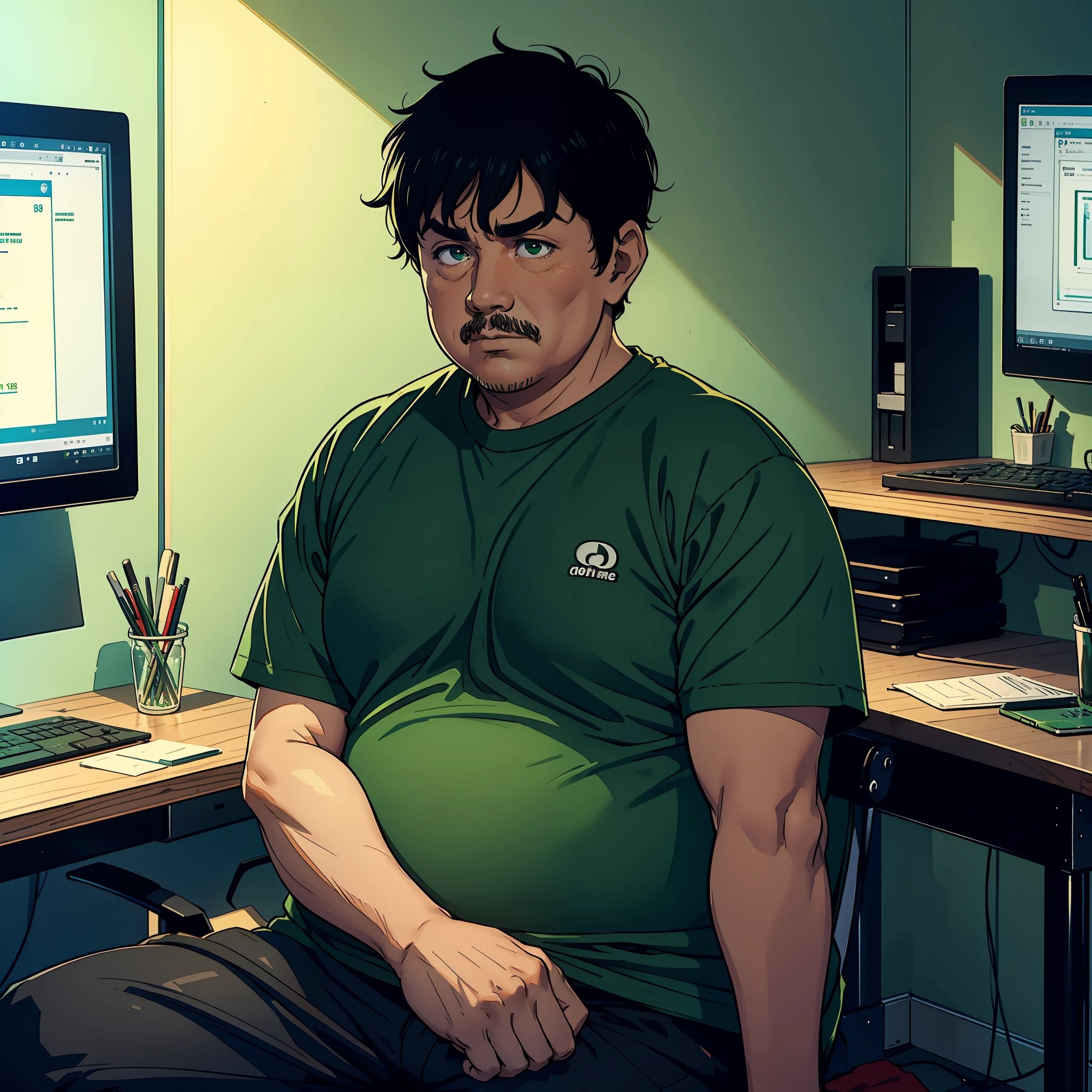 A middle-aged man, green T-shirt, short black hair, (obesity: 1.5), sad, sitting in front of a computer screen, directly opposite, in the room