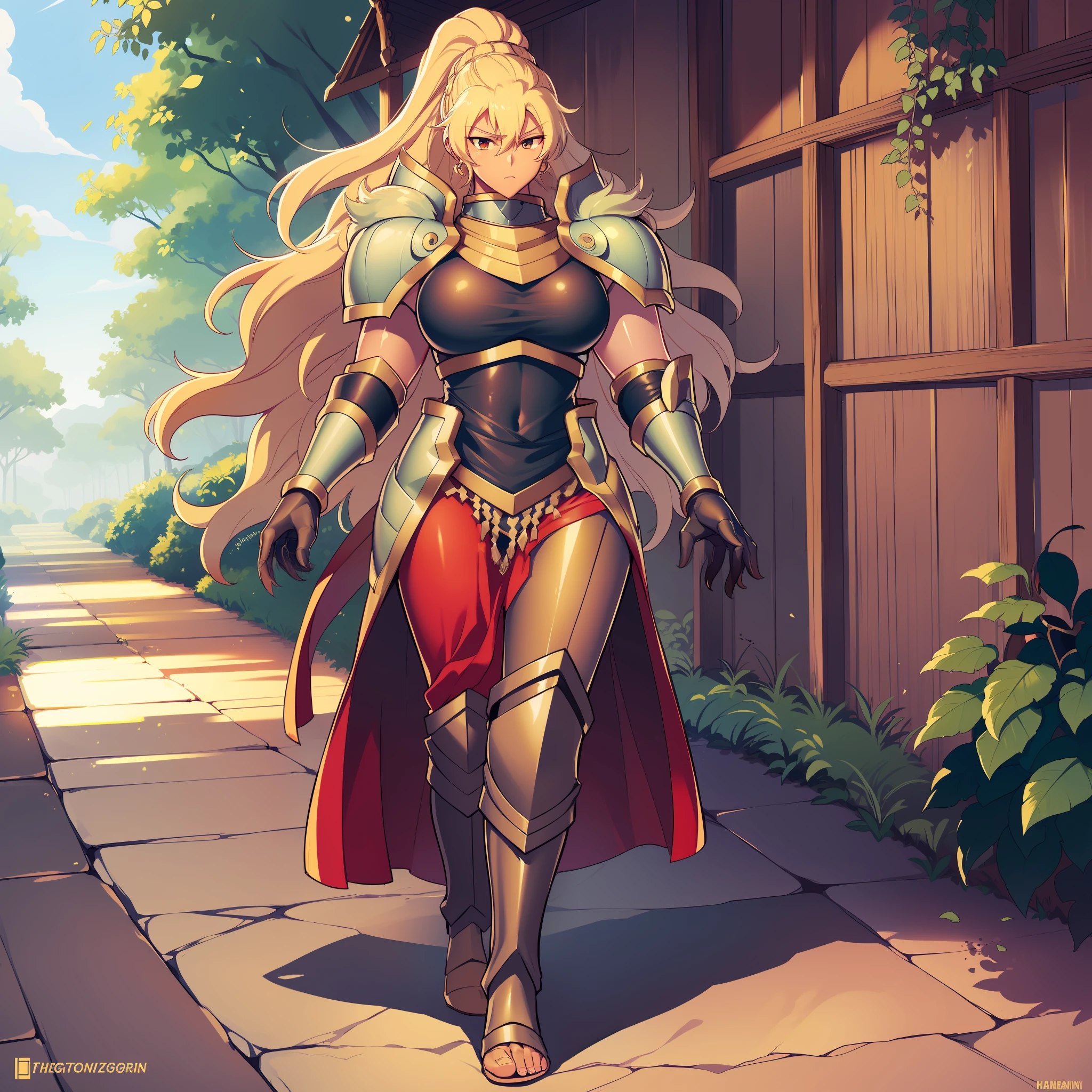 Muscle girl, dark-skinned woman, big chest, wings, happy,, coat jacket, pants, portrait, 1character, full body, walking, long dress, medieval, village, farm,, forest,flipflops,blond hair,, leopard cloths, coat, buttler, victorian cloths,lance holding, warrior