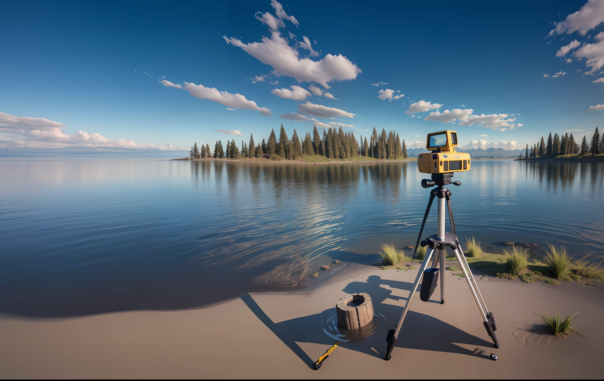 Arafte view of camera on tripod on beach, wide angle landscape photography, landscape photography cloudless, landscape photo image, landscape photography 4k, landscape photo reality, low water level camera angle, landscape wide angle, realistic landscape, landscape vision photography, landscape image, time lapse, landscape full lens, landscape photo, landscape photo