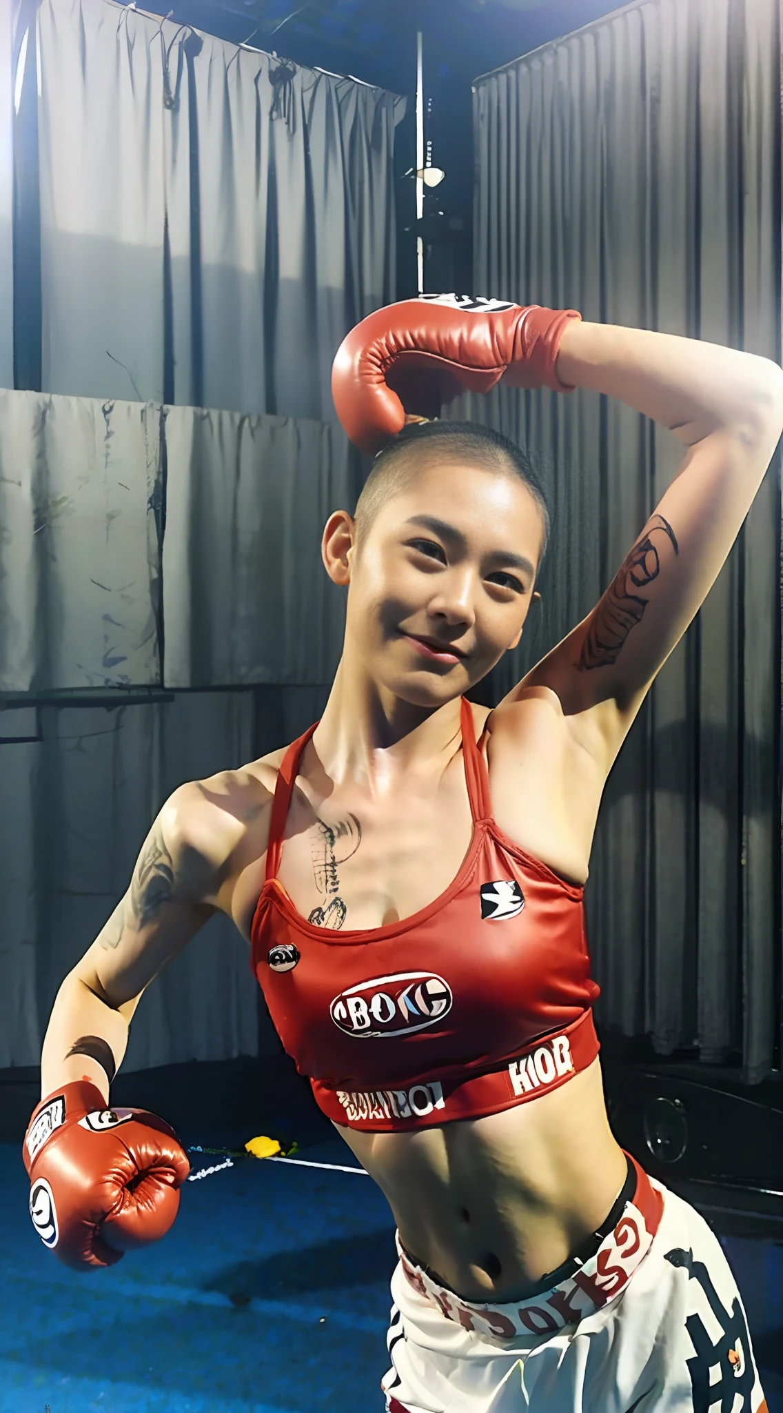 Rooftop, guts pose, tattooed face, skinhead, shaved head, 18 year old girl boxer in boxing arena