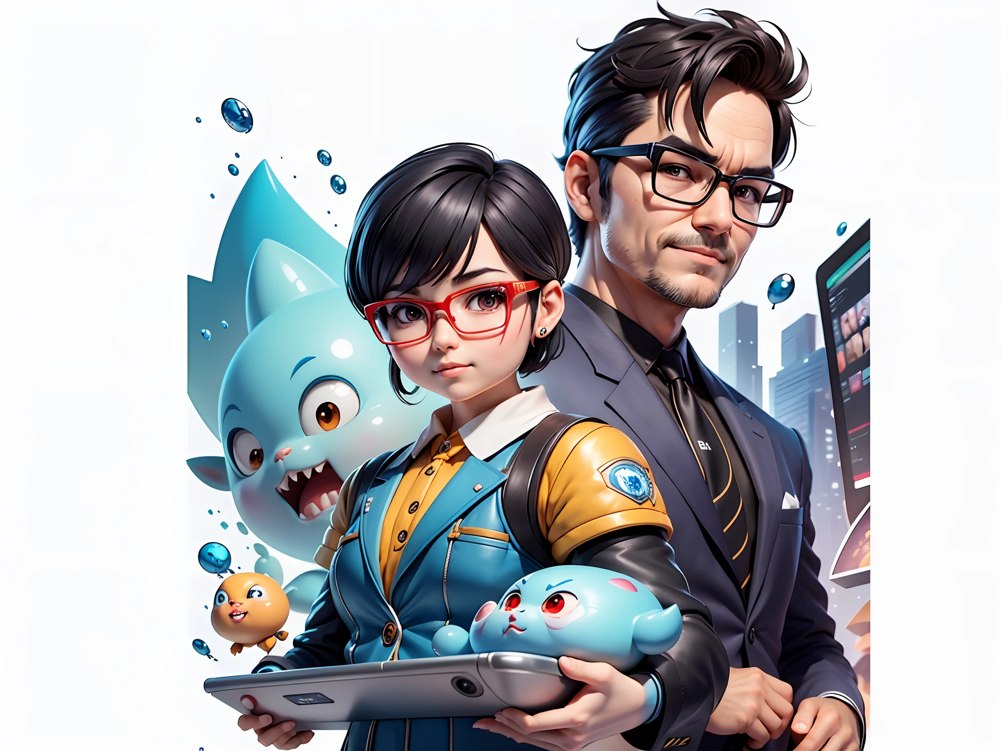 Masterpiece), (Excellent), (Super Meticulous), (Full Body: 1.2), Super Young Woman, Beautiful, Sexy, Bursting, Oriental Face, TV Anchor, Bust Portrait Illustration, Alone, Black Suit, Blue Tie, Silver Glasses, Slightly Chubby Face, Very Clean Face, No Beard, Black Super Short Hair, Black Eyes, Confident Smile, 3c Computer Sub-Products, iPad, iPhone, Digital Painting, 3D Character Design by Akira Toriyama with Mark Claireden and Pixar and Hayao Miyazaki, The illustration is a high-definition illustration in 4K resolution with very detailed facial features and cartoon-style visuals.