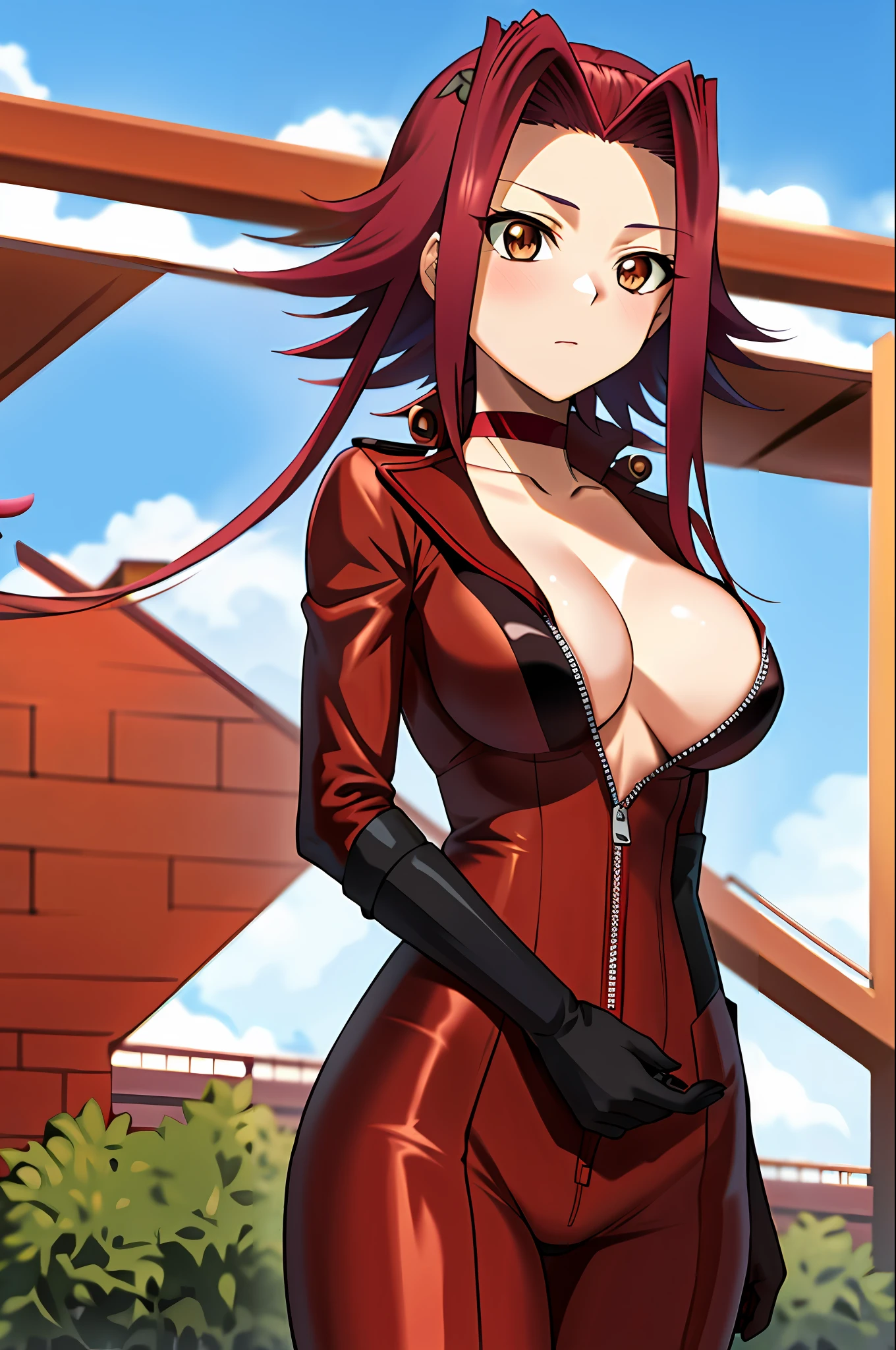 aki1, izayoi aki, solo, cleavage, choker, large breasts, unzipping, open bodysuit, gloves, dating, outdoor, shy
