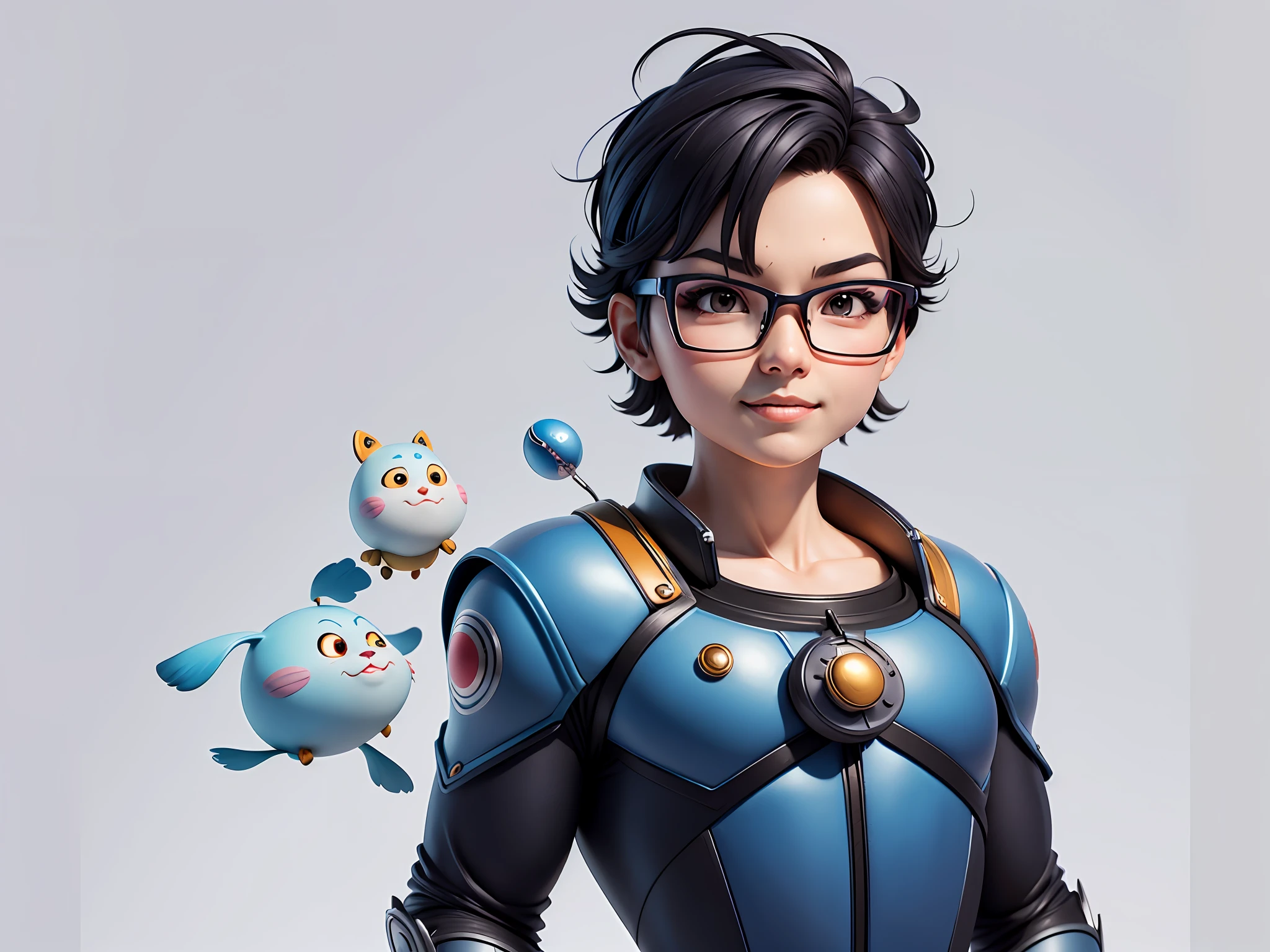 Masterpiece), (Excellent), (Super Meticulous), (Full Body: 1.2), Super Young Woman, Beautiful, Sexy, Bursting, Oriental Face, TV Anchor, Bust Portrait Illustration, Alone, Black Suit, Blue Tie, Silver Glasses, Slightly Chubby Face, Very Clean Face, No Beard, Black Super Short Hair, Black Eyes, Confident Smile, 3c Computer Sub-Products, iPad, iPhone, Digital Painting, 3D Character Design by Akira Toriyama with Mark Claireden and Pixar and Hayao Miyazaki, The illustration is a high-definition illustration in 4K resolution with very detailed facial features and cartoon-style visuals.