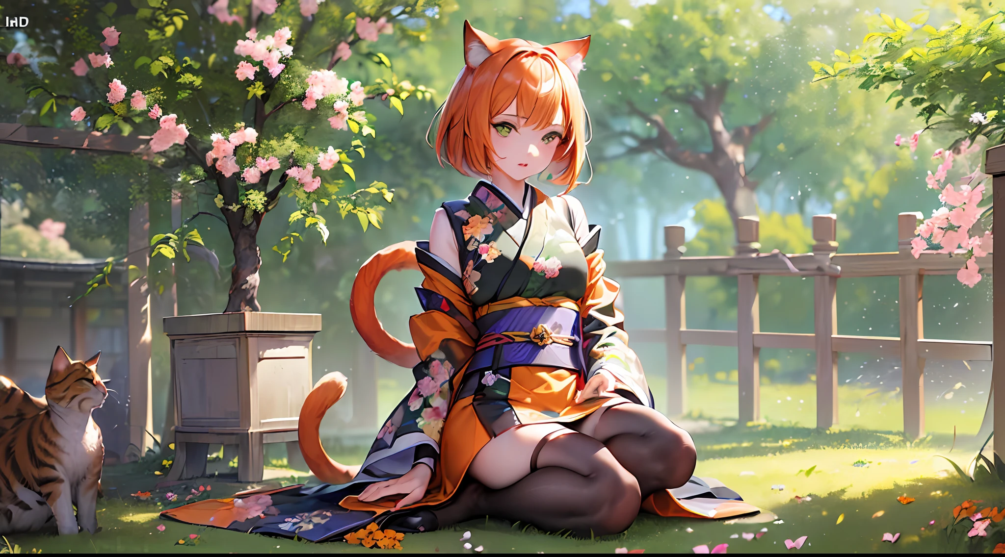 ((masterpiece:1.5)), ((full body)), ultra high res, photorealistic, realistic, best quality, photo-realistic, (((high detailed skin)), (8k, raw photo, best quality), (1 cute girl), (bob cut), (short orange hair), ((cat ear)), ((japanese clothes:1.3)), Japan, ((sakura)), flowers, ((green eyes)), automatic white balance, (((face close-up))), ((((looking at viewer)))), SFW, dynamic hair, highly detailed, more details, cinematic atmosphere, correct anatomy, epic scene, global illumination, detailed and intricate environment, modelshoot style, 8K UHD, concept art, octane render