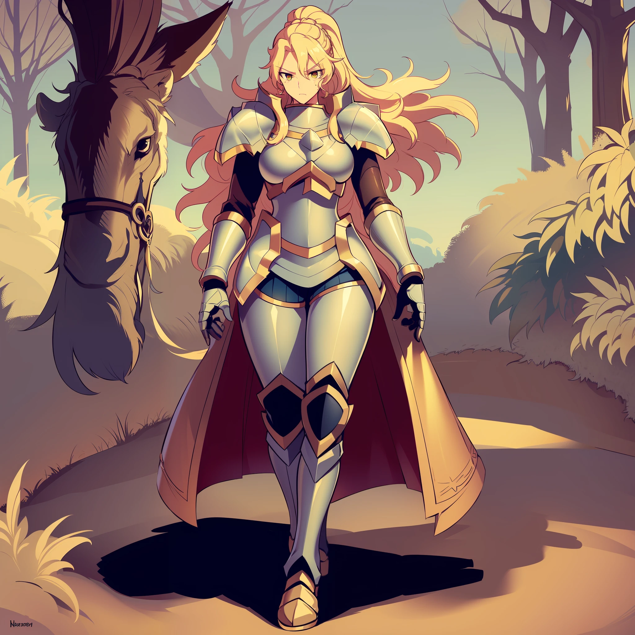 Muscle girl, skinned woman, big chest, wings, happy,, coat jacket, pants, portrait, 1character, full body, walking, long dress, medieval, village, farm,, forest,flipflops,blond hair,, leopard cloths, coat, buttler, victorian cloths,lance holding, warrior