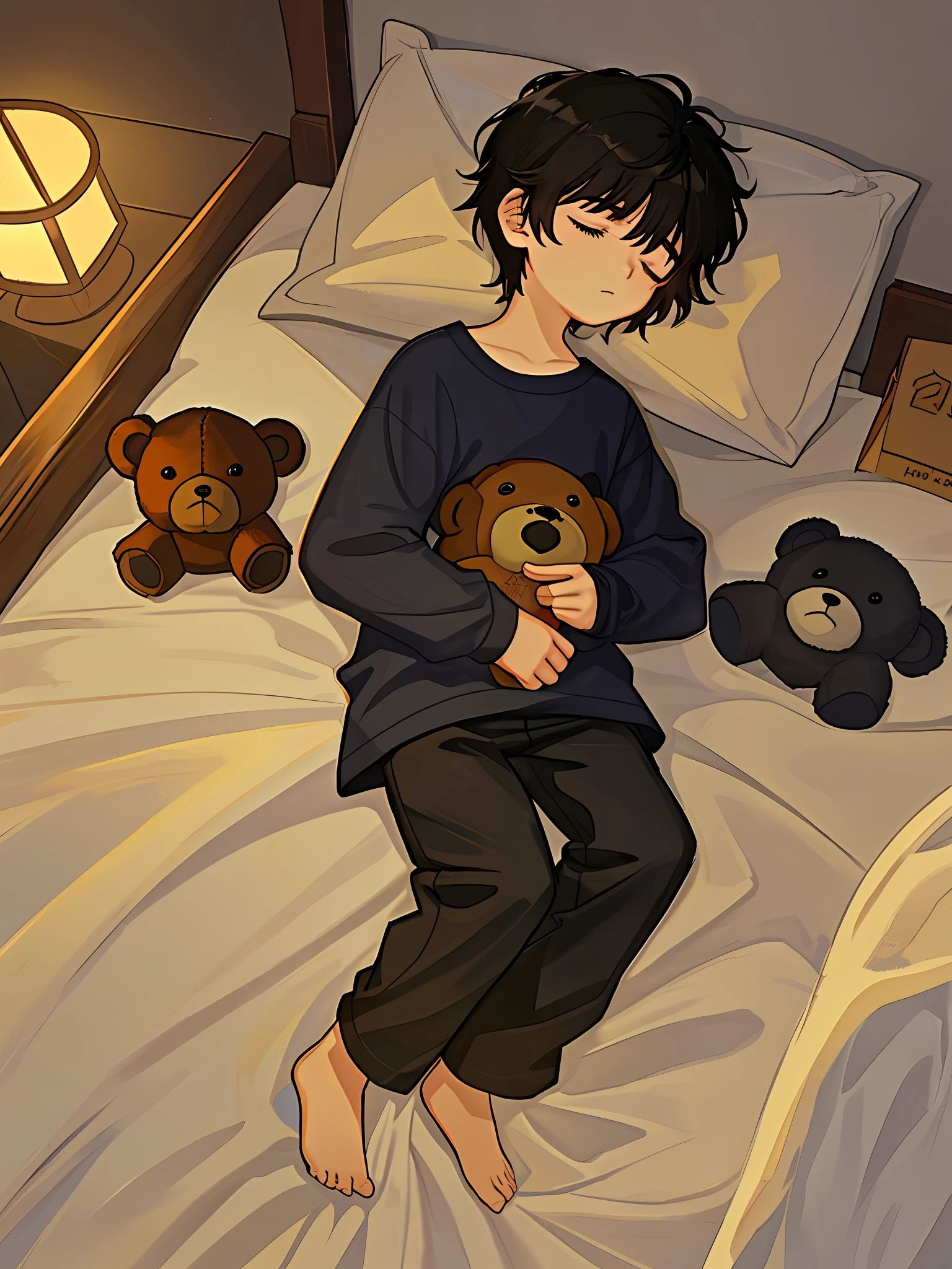 A boy, 10 years old, short black hair, sleeping in a bed, night, teddy bears next door