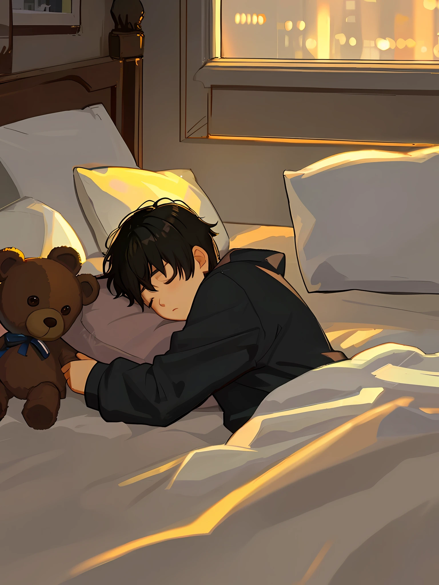 A boy, , short black hair, sleeping in a bed, night, teddy bears next door