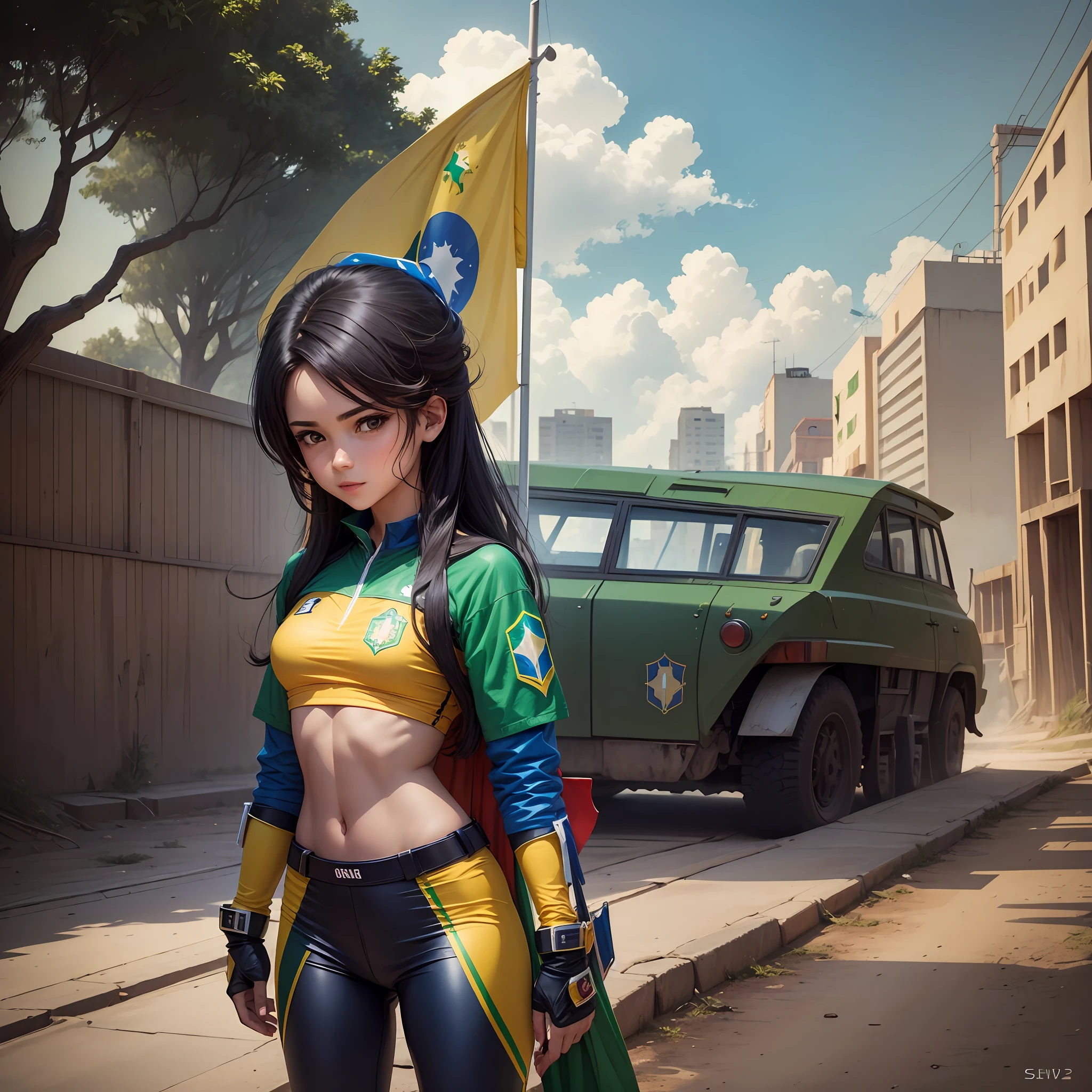 Uses the last result, put on hero clothing based on the colors of the flag of Brazil smiling --auto --s2