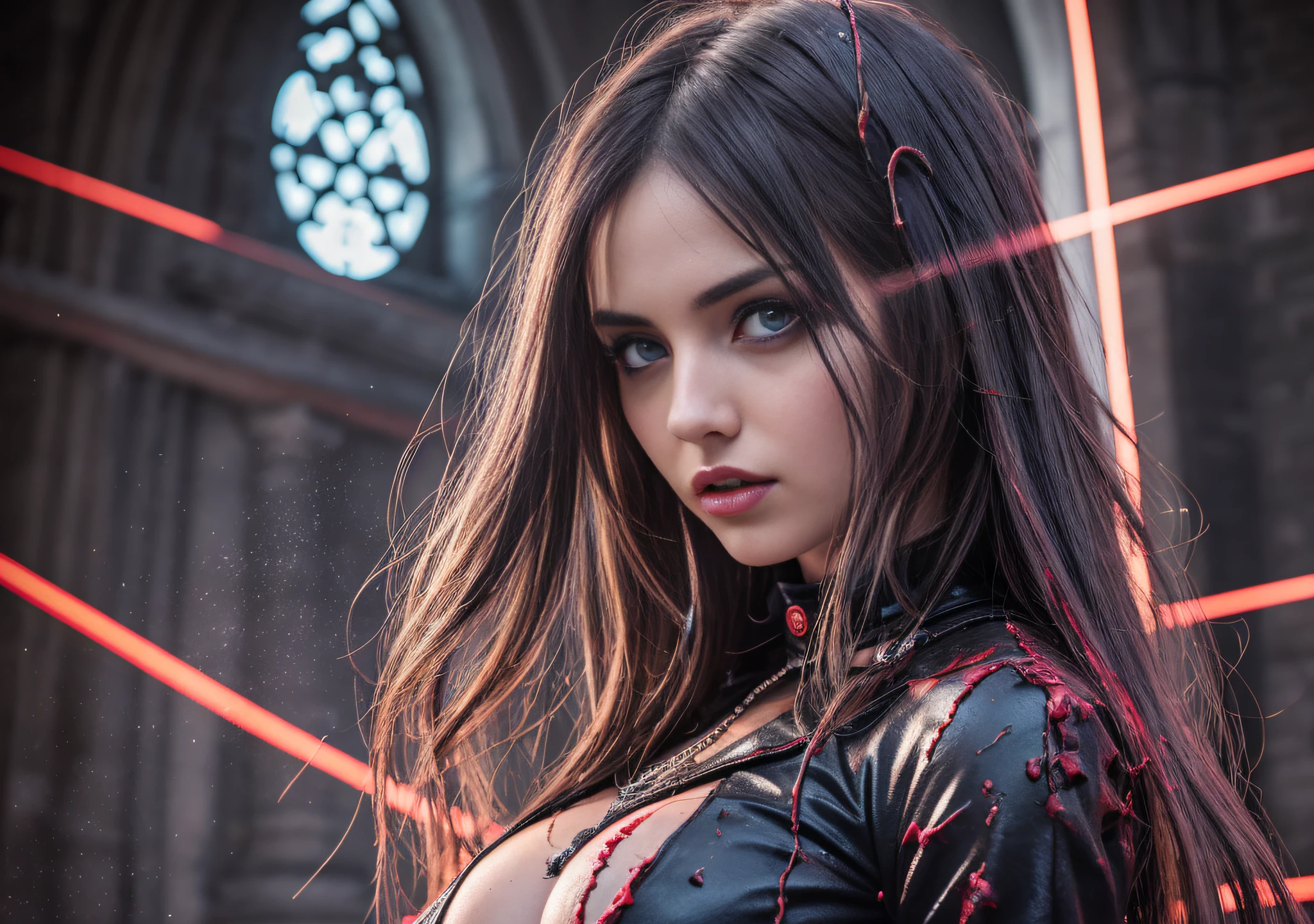 woman Ana de armas dj nun zombie, bloody face, huge breasts, dark, horror, red tones, gothic church in the background, ultra realistic, horror movie lighting, scary, chaos, neon lights in the background, realistic, ((best quality)), ((masterpiece)), ((with ink)), (night:1.2) dark, huge breast, Fujifilm Fujichrome Provia 100F movie, flashlight, ultra realistic, 8K UHD. --auto --s2