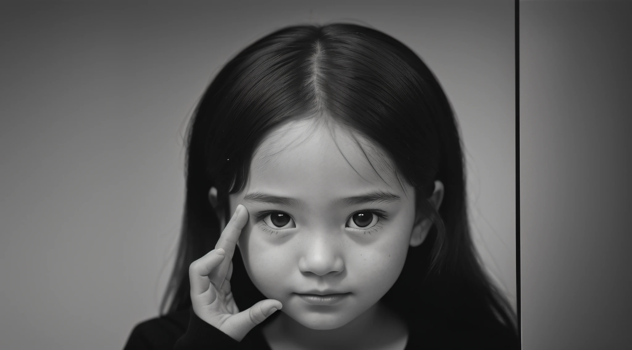 girl, black and white photo of a girl making a stop sign, photograph with her hand, solemn gesture, hand gesture, waving her hand at the camera, by Irakli Nadar, hands retouched, ISO: 400, shortening photograph, hand instead of a face, editorial photo, by Albert Welti, editorial photography, hand on cheek