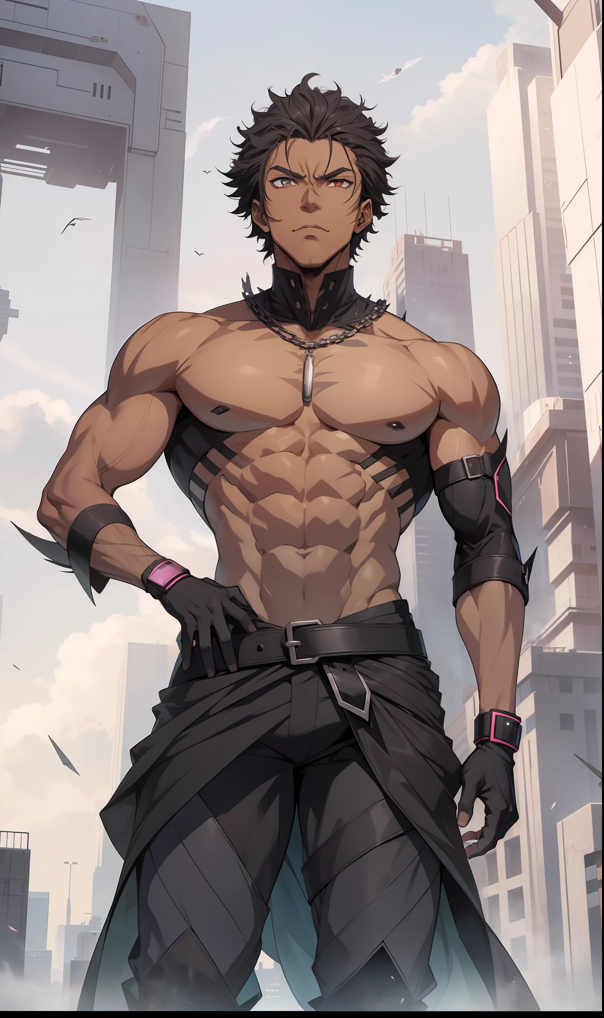 Turn Me into Villain, Anime Villain, Tall, Strong, Powerful, Black Bullet Anime, Futuristic City In The Background, Black Man, Curly Hair, Dark Skin, Fearless Pose, Evil, Muscular, Dark