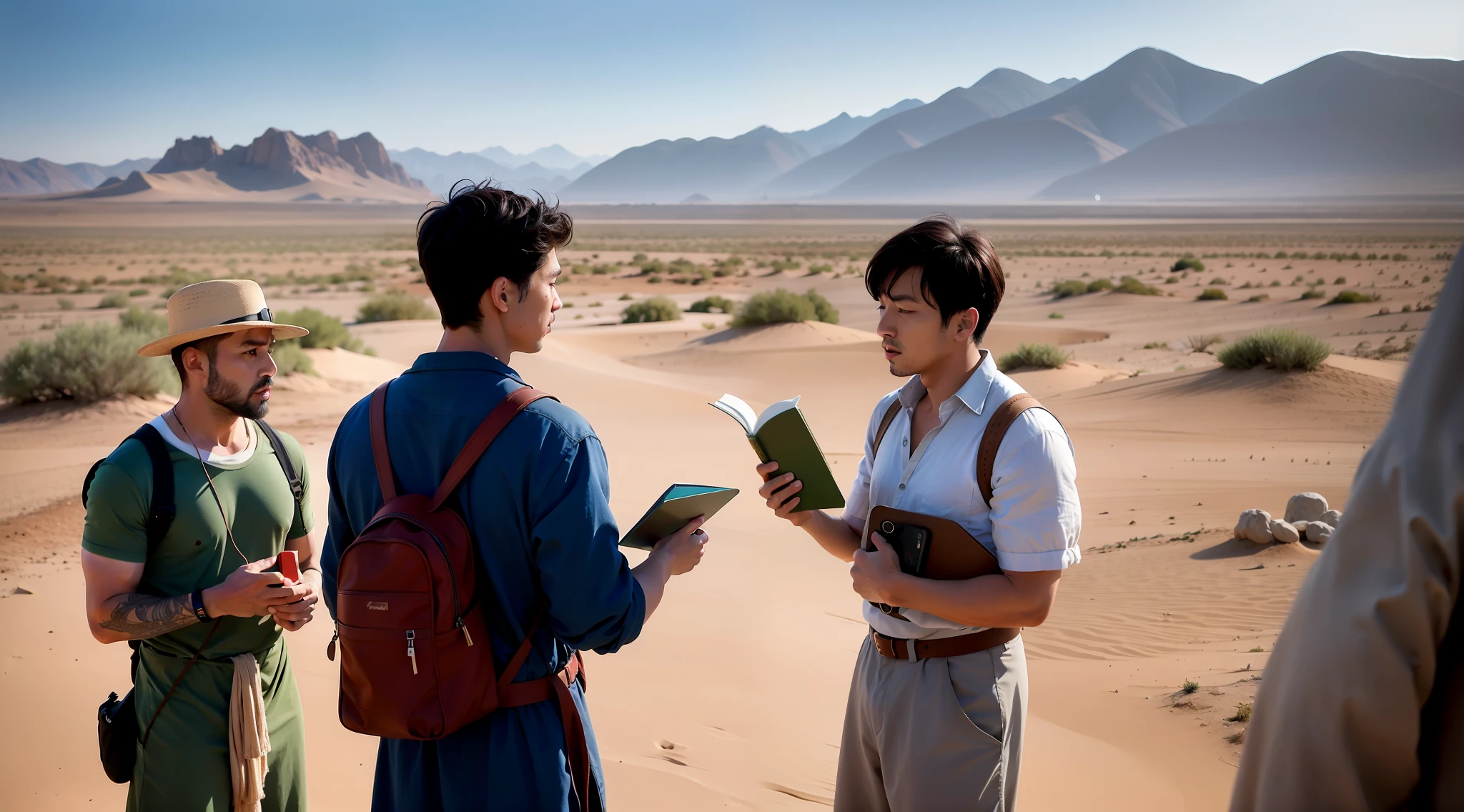 three men standing in a desert with a book in their hands, still from a live action movie, scene from live action movie, in a scenic background, award winning movie still, in a serene vast desert, highlight scene of the movie, scenic full shot, alessio albi and shin jeongho, ruan jia and fenghua zhong