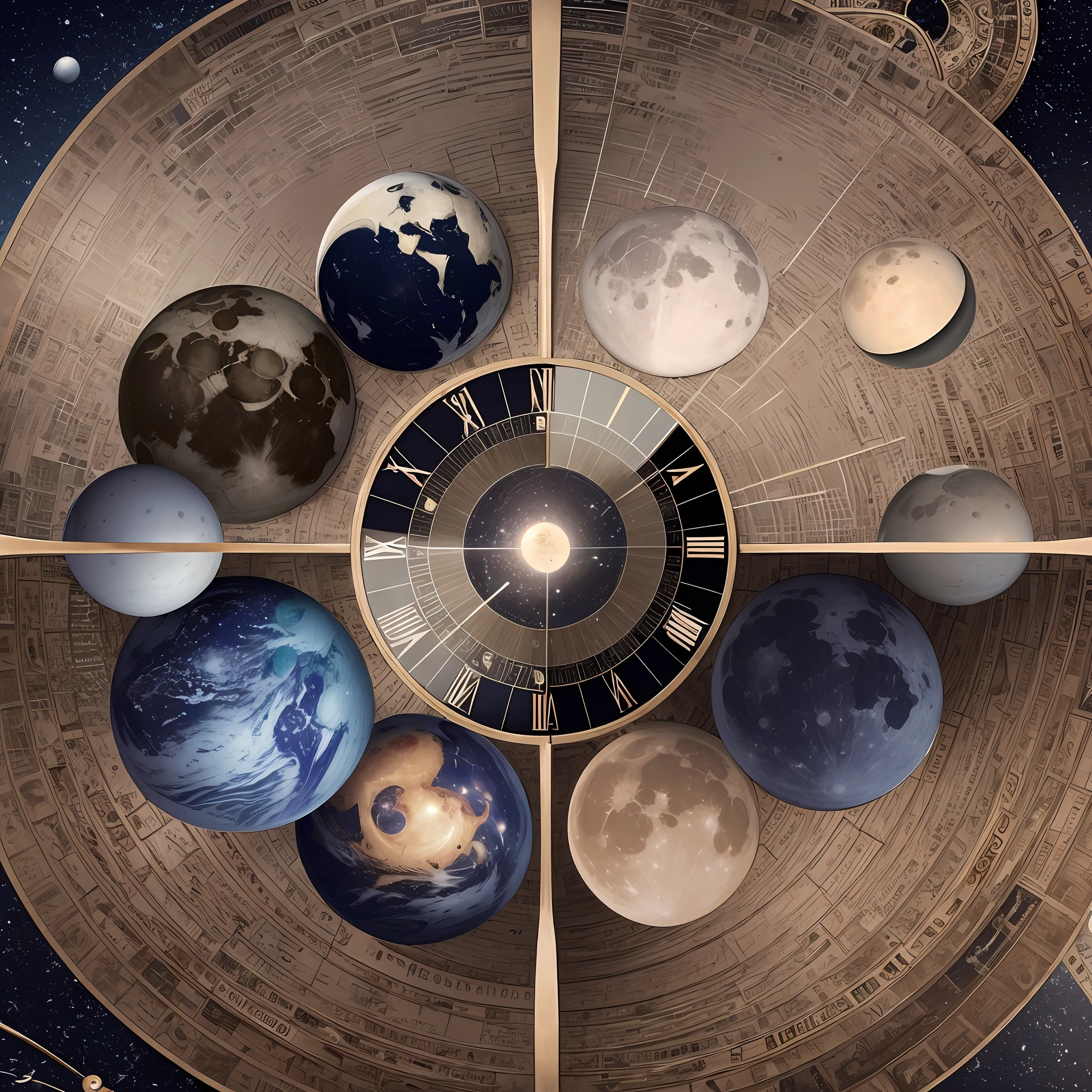 Astral clocks, showing different phases of the Moon or the position of the planets, to reinforce the 14-day duration of the event. --auto --s2