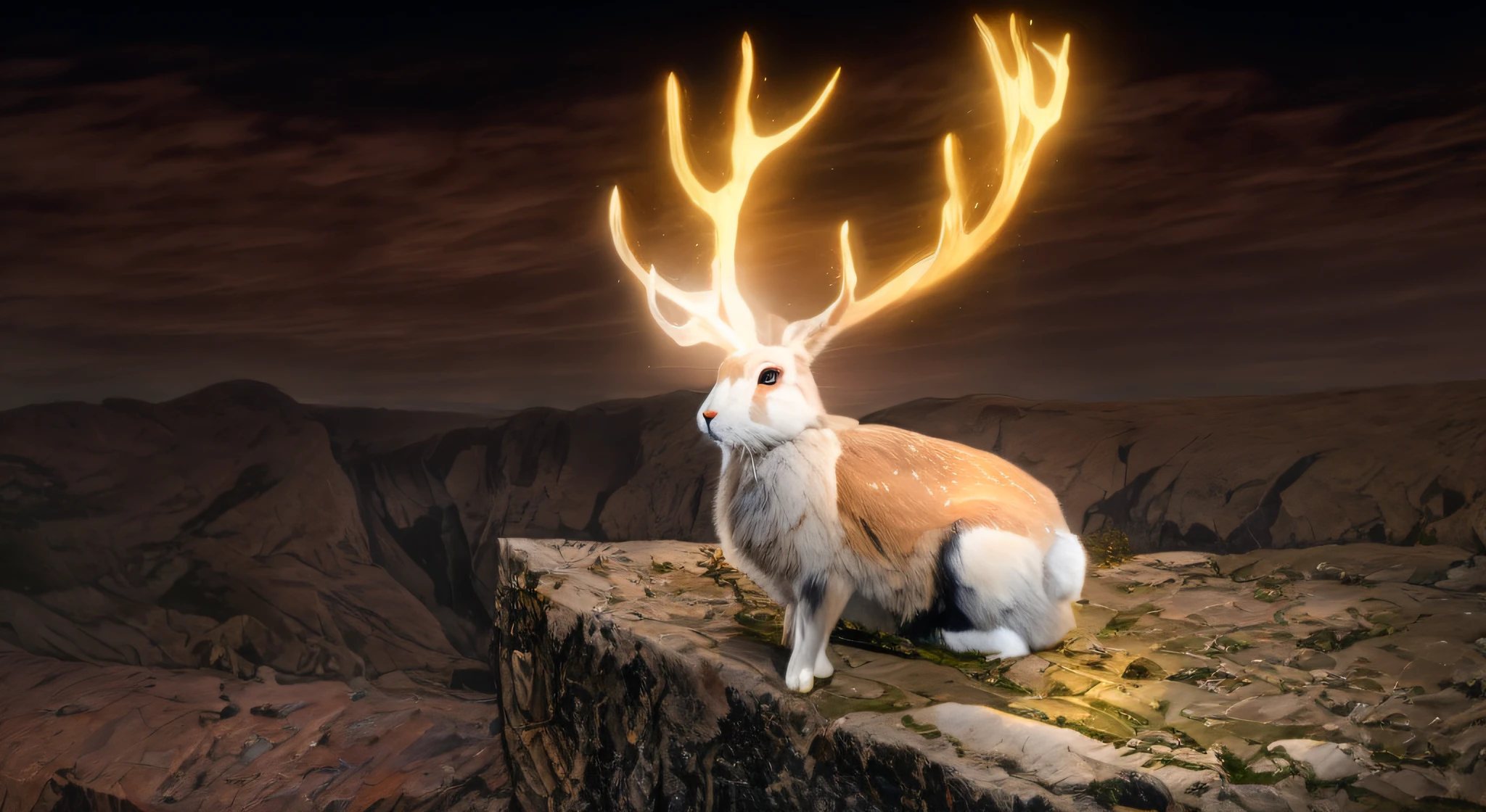 photography, rabbit, rabbit with deer antlers, rabbit on the rock, night, glowing antlers, beautiful light, bright light, photorealism