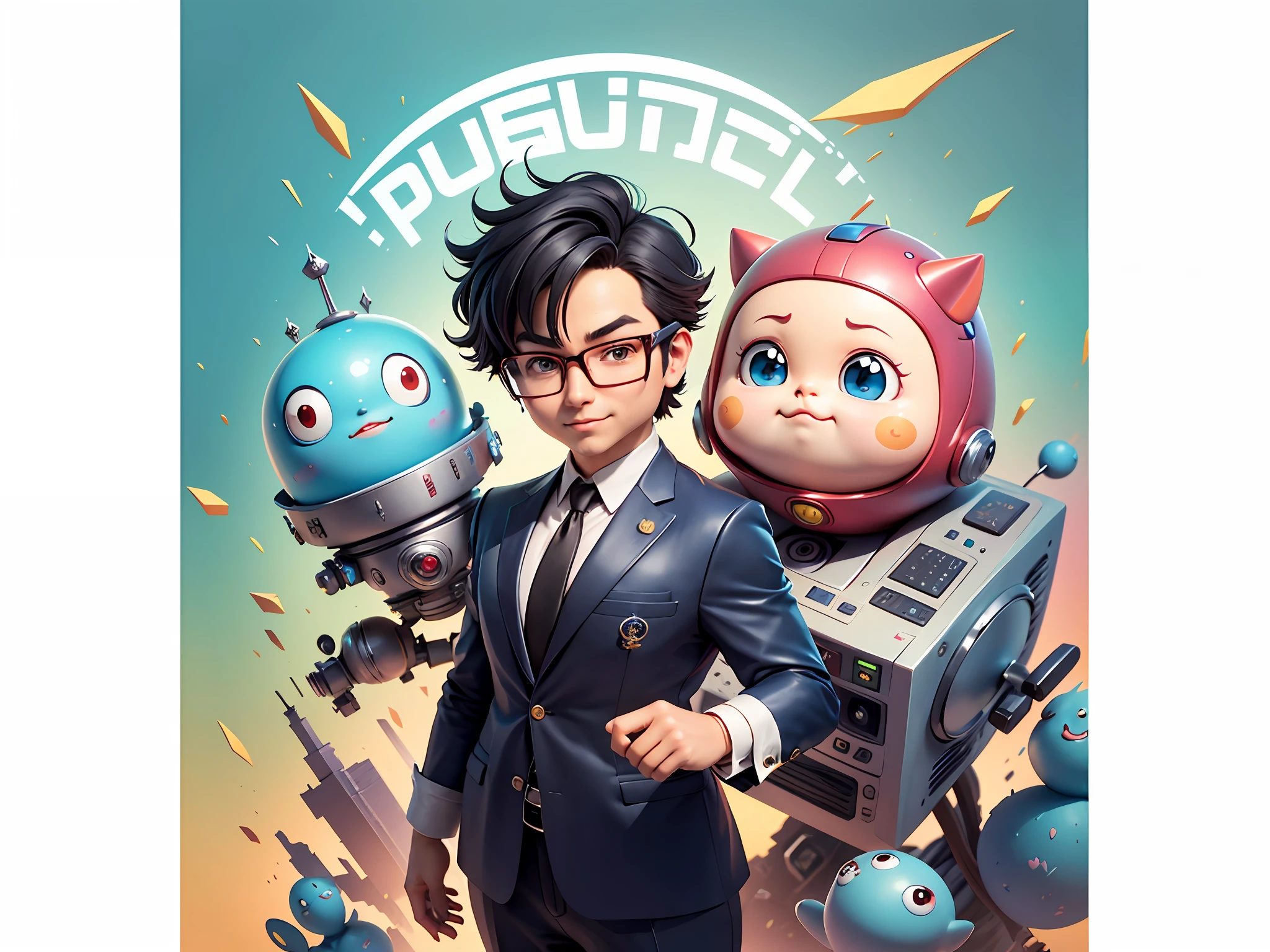 Masterpiece), (Excellent), (Super Meticulous), (Full Body: 1.2), Super Young Woman, Beautiful, Sexy, Bursting, Oriental Face, TV Anchor, Bust Portrait Illustration, Alone, Black Suit, Blue Tie, Silver Glasses, Slightly Chubby Face, Very Clean Face, No Beard, Black Super Short Hair, Black Eyes, Confident Smile, 3c Computer Sub-Products, iPad, iPhone, Digital Painting, 3D Character Design by Akira Toriyama with Mark Claireden and Pixar and Hayao Miyazaki, The illustration is a high-definition illustration in 4K resolution with very detailed facial features and cartoon-style visuals.
