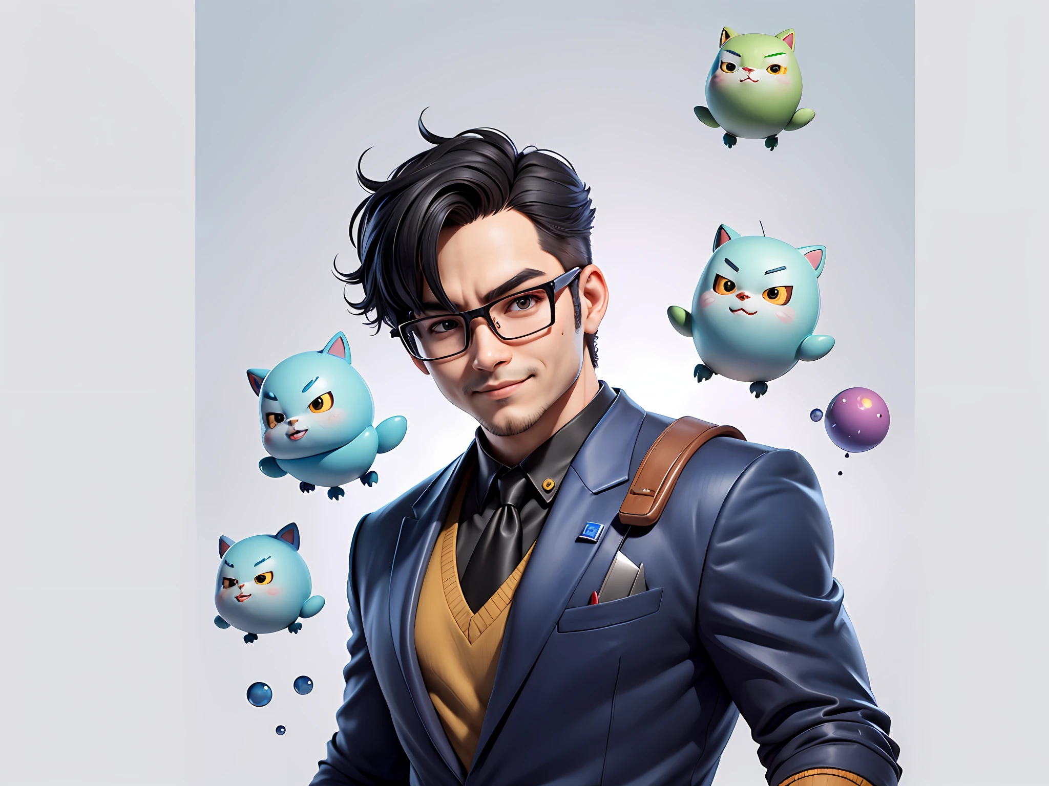 Masterpiece), (Excellent), (Super Meticulous), (Full Body: 1.2), Super Young Woman, Beautiful, Sexy, Bursting, Oriental Face, TV Anchor, Bust Portrait Illustration, Alone, Black Suit, Blue Tie, Silver Glasses, Slightly Chubby Face, Very Clean Face, No Beard, Black Super Short Hair, Black Eyes, Confident Smile, 3c Computer Sub-Products, iPad, iPhone, Digital Painting, 3D Character Design by Akira Toriyama with Mark Claireden and Pixar and Hayao Miyazaki, The illustration is a high-definition illustration in 4K resolution with very detailed facial features and cartoon-style visuals.