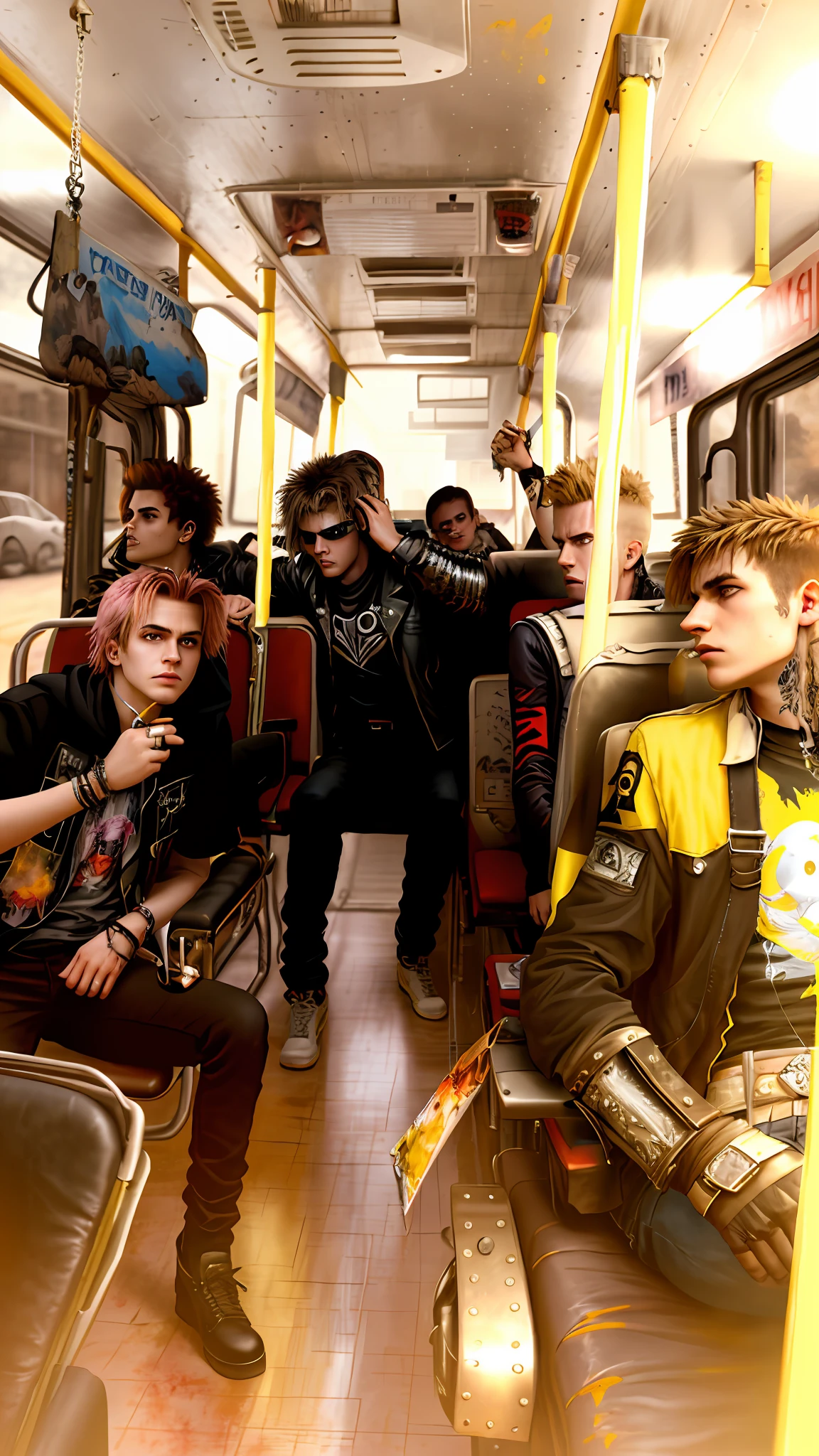 age male rock band, 19 years old, 20 years old, movie poster, mad max, residend evil, high quality, painting, apocalyptic powder, rock band on a bus, sunset, mad max, punk, movie poster, realistic painting art.