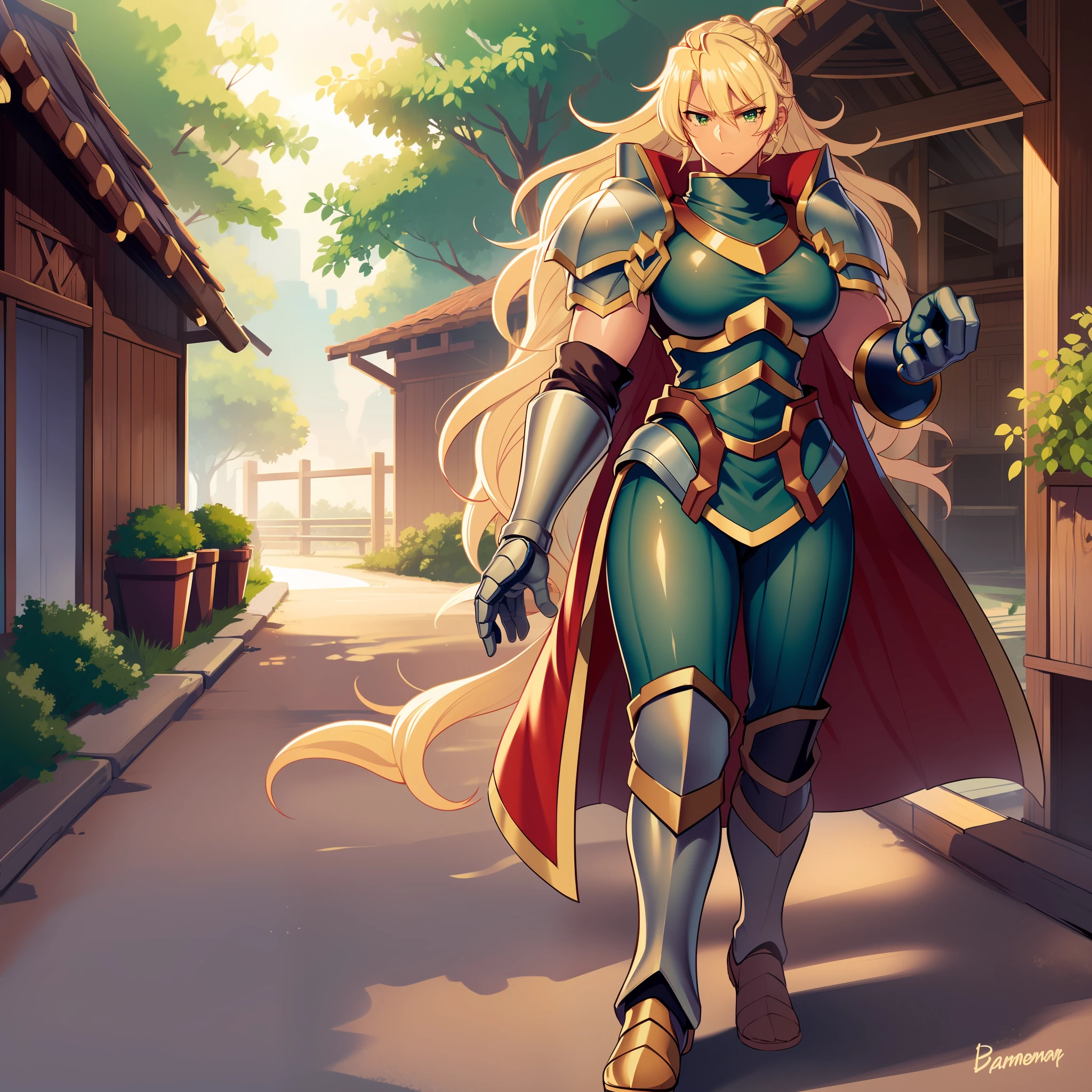 Muscle girl, dark-skinned woman, big chest, wings, happy,, coat jacket, pants, portrait, 1character, full body, walking, long dress, medieval, village, farm,, forest,flipflops,blond hair,, , coat, buttler, victorian cloths,lance holding, warrior, green eyes