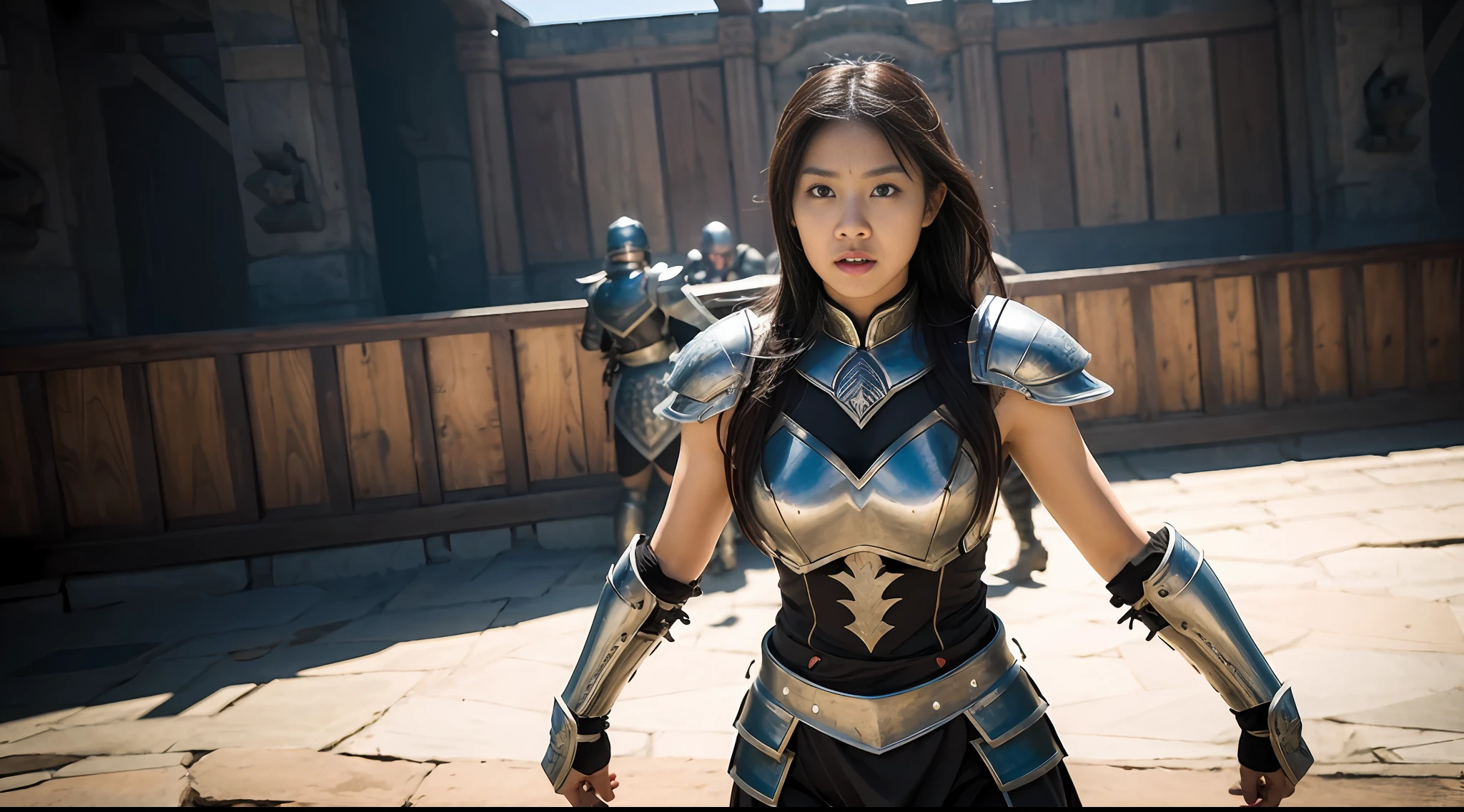 "Masterpiece. Best quality. Ultra-detailed. A fierce Asian girl donning gladiator armor, poised for battle. Perfectly lit amidst a fully immersive environment, resulting in a cinematic feel."