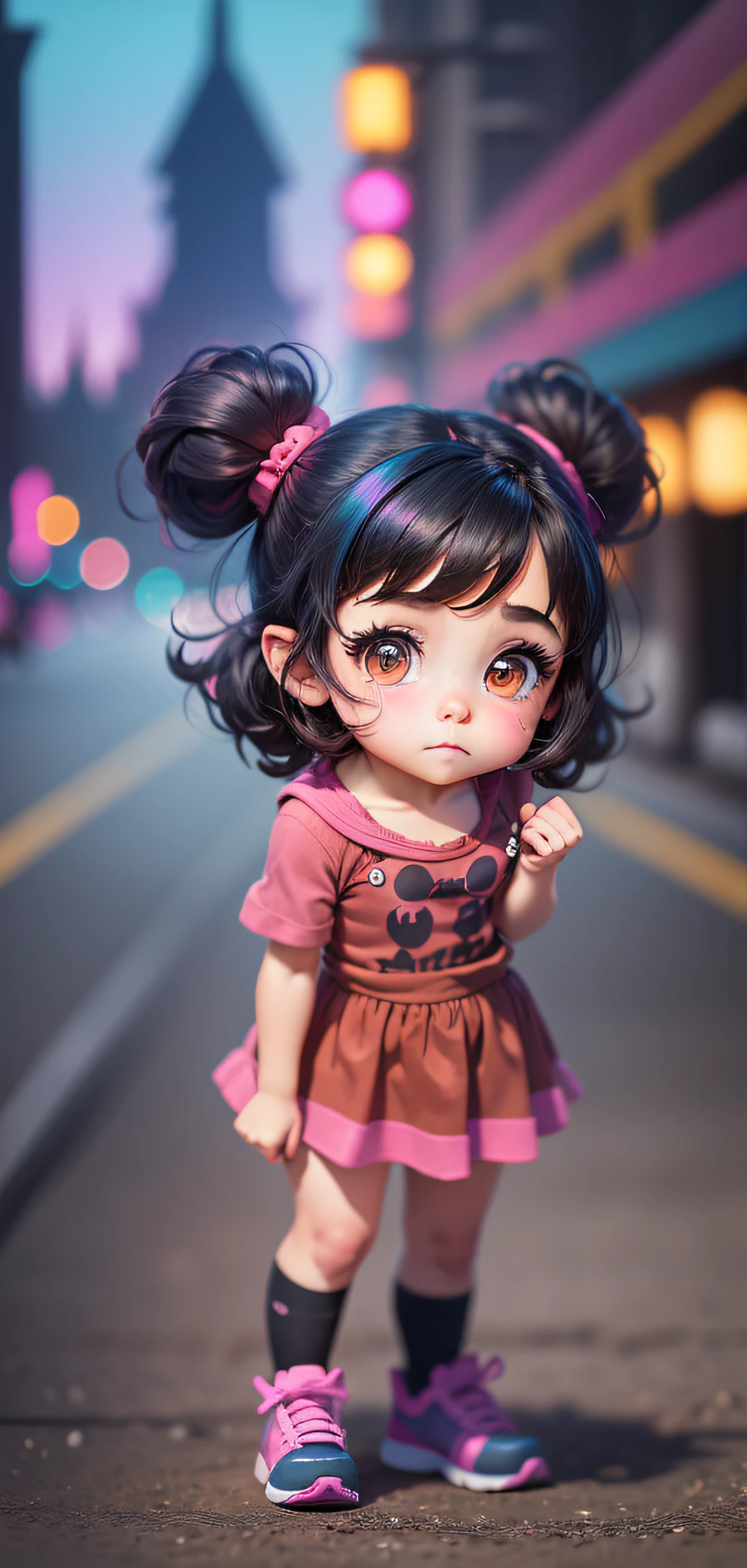 Blurry background, dark background, Disney, Venellope style Wreck-It Ralph, cute, small, very short, bright colors --auto --s2