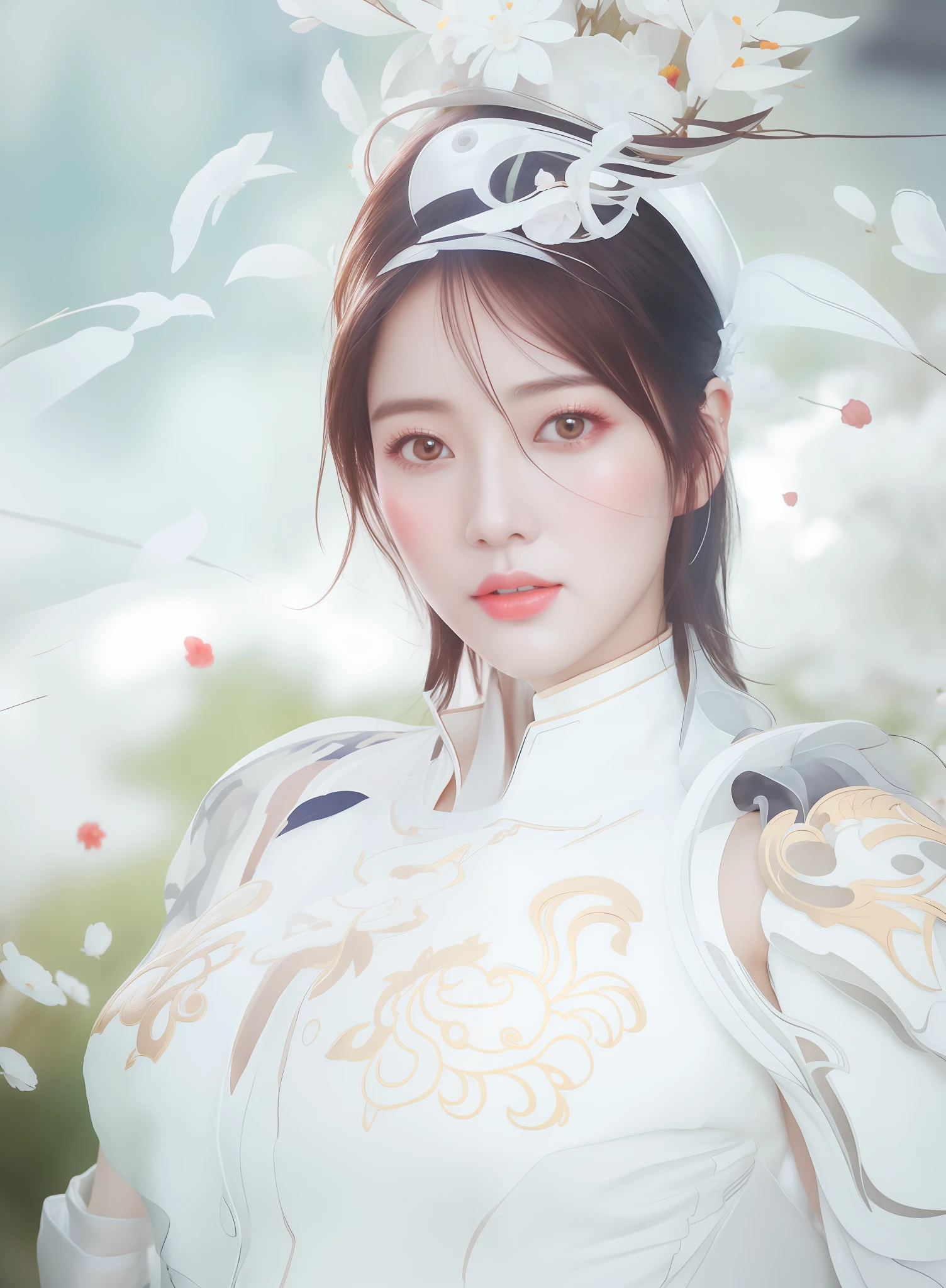 Woman in white dress with flowers on head, Artgerm and Ruan Jia, Artgerm and Atey Ghailan, painting of beautiful characters, palace, Hanfu girls, Ruan Jia and Artgerm, beautiful digital artwork, highly detailed Artgerm, by Ruan Jia and Stanley Artgerm