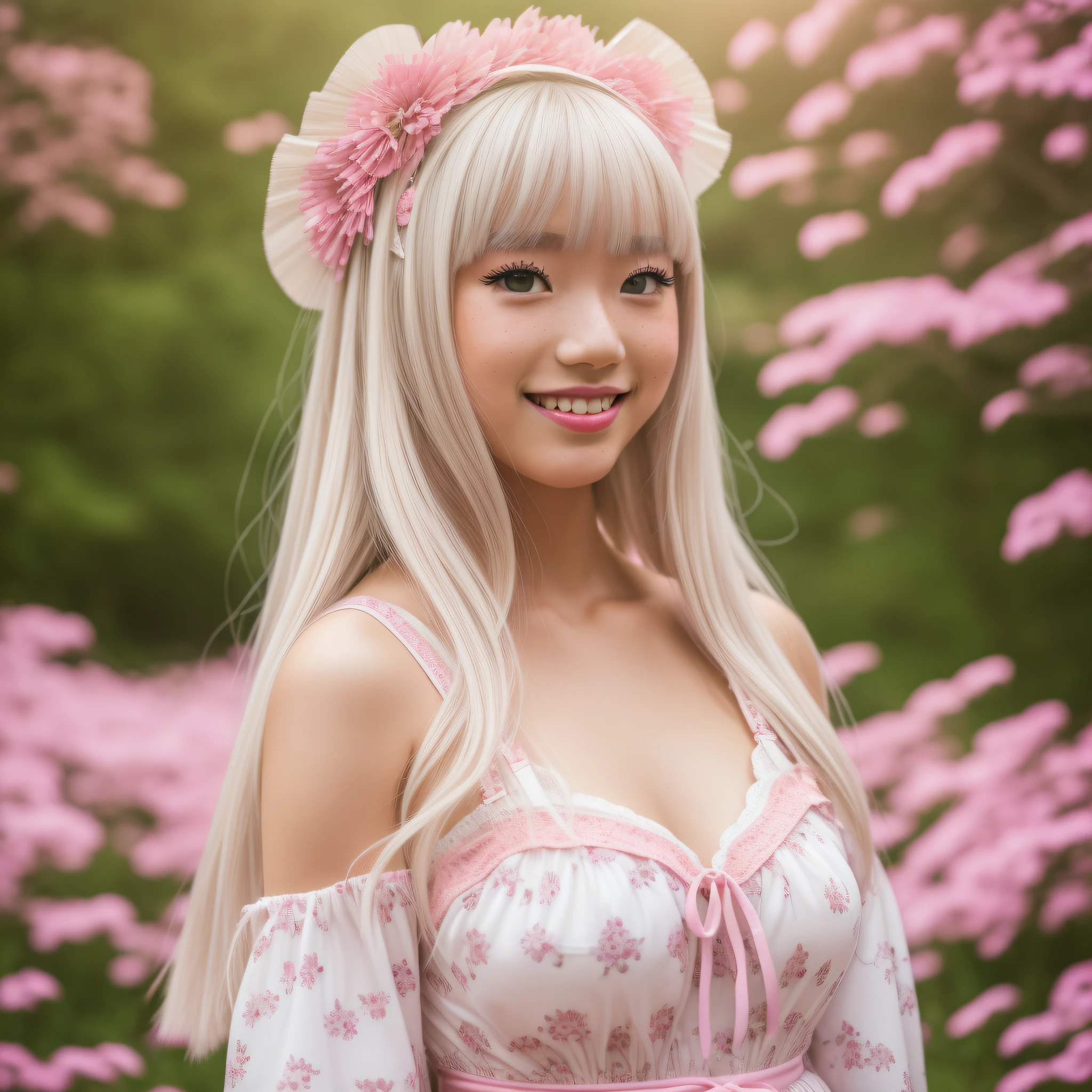((1 solo girl)), (((full body photo)))), ((realistic soft lighting)), ((realistic)), (beautiful face:1.1), long straight platinum blonde hair with bangs, detailed eyes, lush lips, 22 years, (sexy attractive figure), (large breasts), (neckline), (tight abs), (thick hips) 4K, HDR, DSLR photoshoot, professional photography, detailed texture, pink lipstick, pink nails, light green eyes, freckle on face, Japanese girl, ta, pink Lolind Bramco outfit, on the high hill with beautiful trees and flowers, open sky with sun, by day, smiling --auto --s2