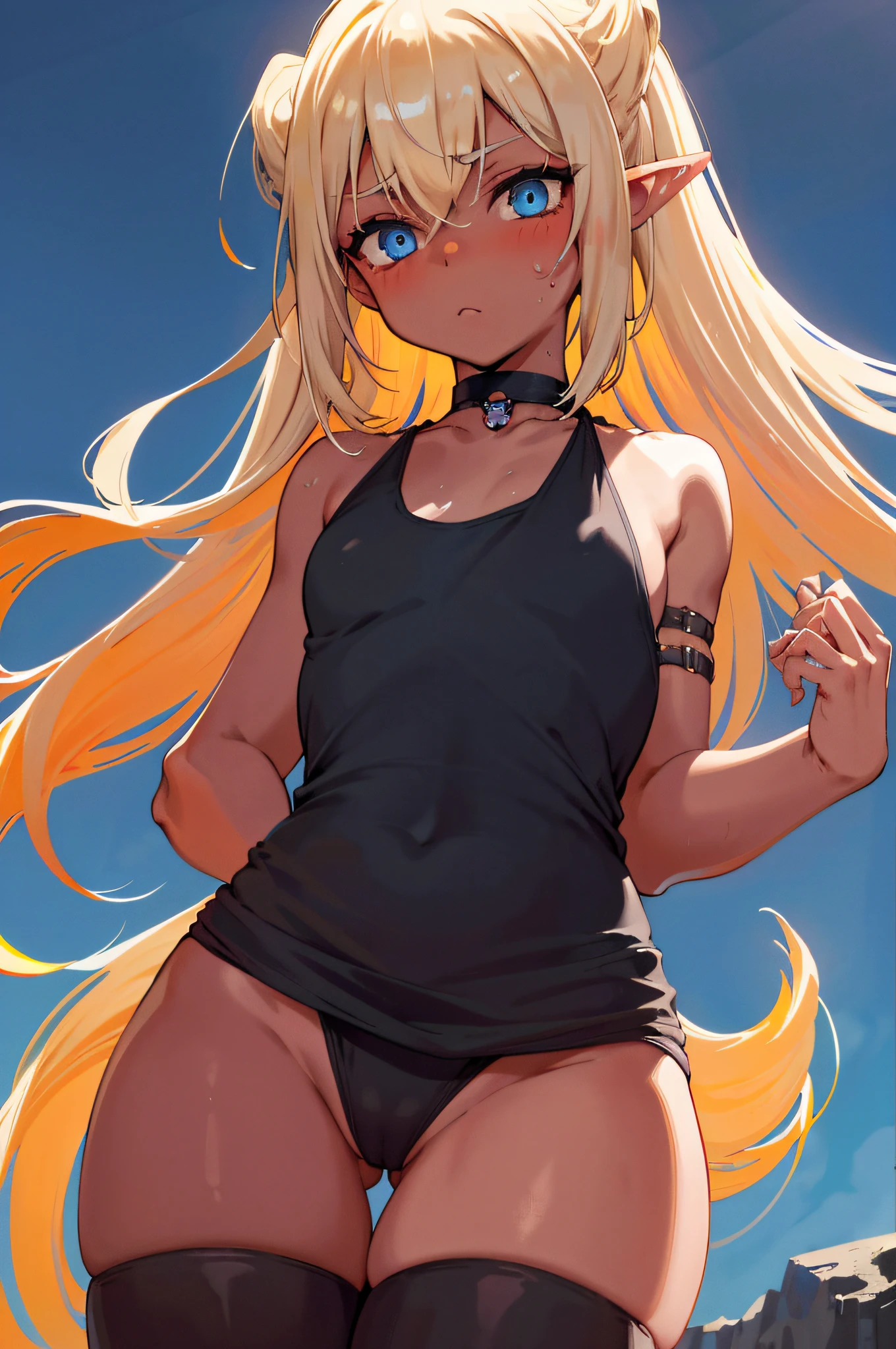 Flat chest, vest shadow, shallow depth of field, blush eye shadow, blonde hair, black skin, looking at camera, sand, black micro bikini, shy, shy, woman, dark elf, ridiculously long hair, blue sky, choker, blue eyes, detailed eyes, thin waist, long bangs, very long side hair, hands on the waist, super delicate, armpits, masterpiece, top quality, Amazing details: 1.25, Bright colorful painting, petite girl, wet, sheer, groin, (((from below, focus thighs, nsfw1.2)))
